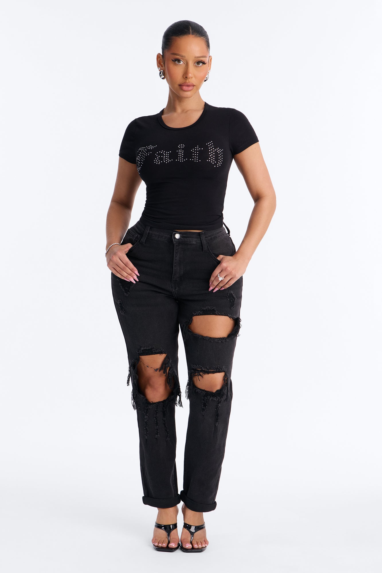 On Holiday High Rise Ripped Roll Cuff Mom Jeans - Black Wash