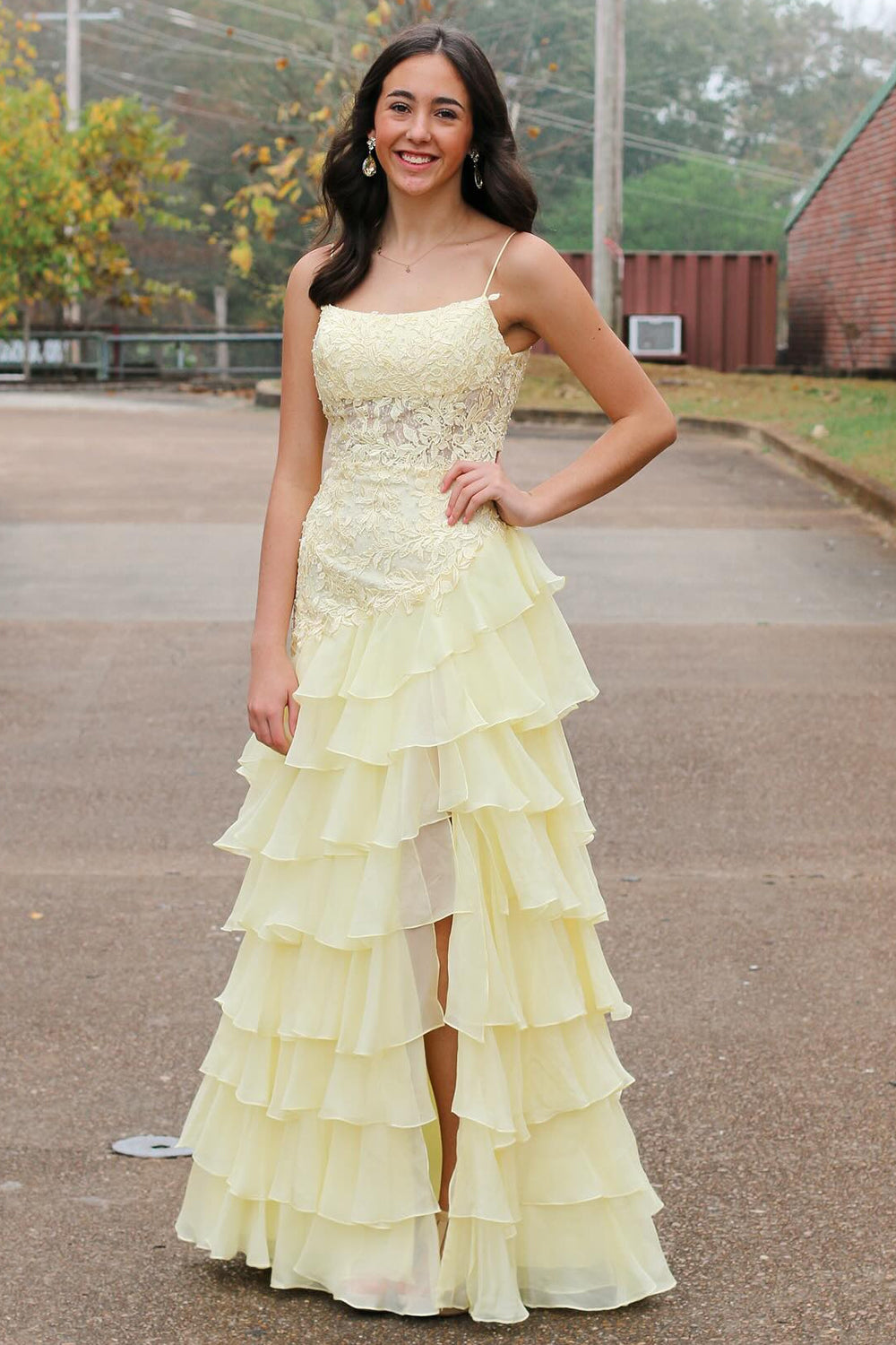 Long A-Line Chiffon Prom Dress with Yellow Spaghetti Straps and Tiered Appliques