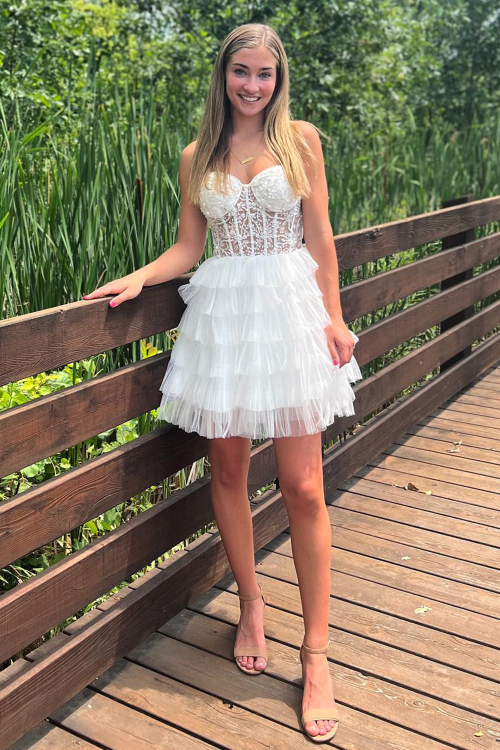 Sparkly White Corset Sweetheart A-Line Short Homecoming Dress/Mini Dress with Lace