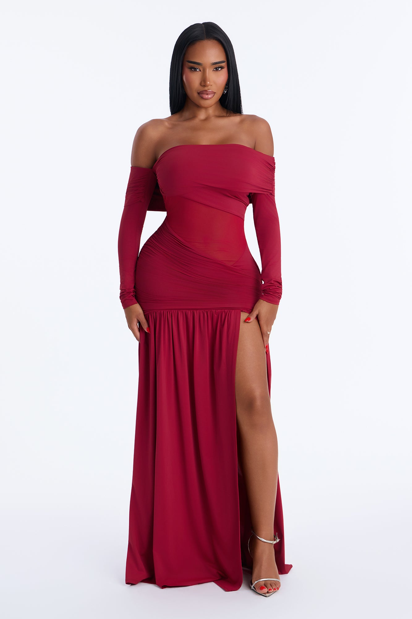Velora Asymmetrical Long Sleeve Maxi Dress - Wine