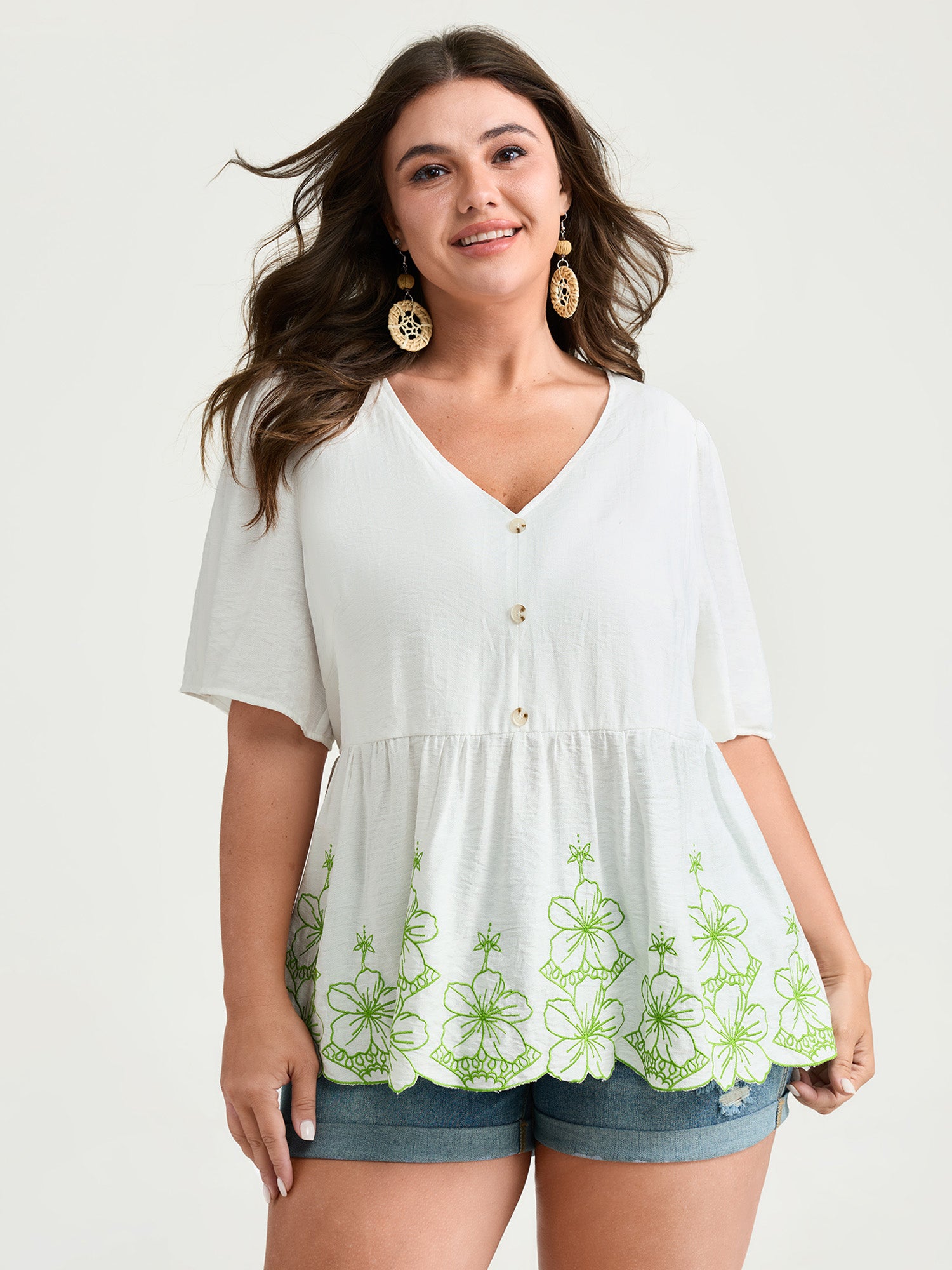 Embroidered Hemline V-Neck Babydoll Blouse