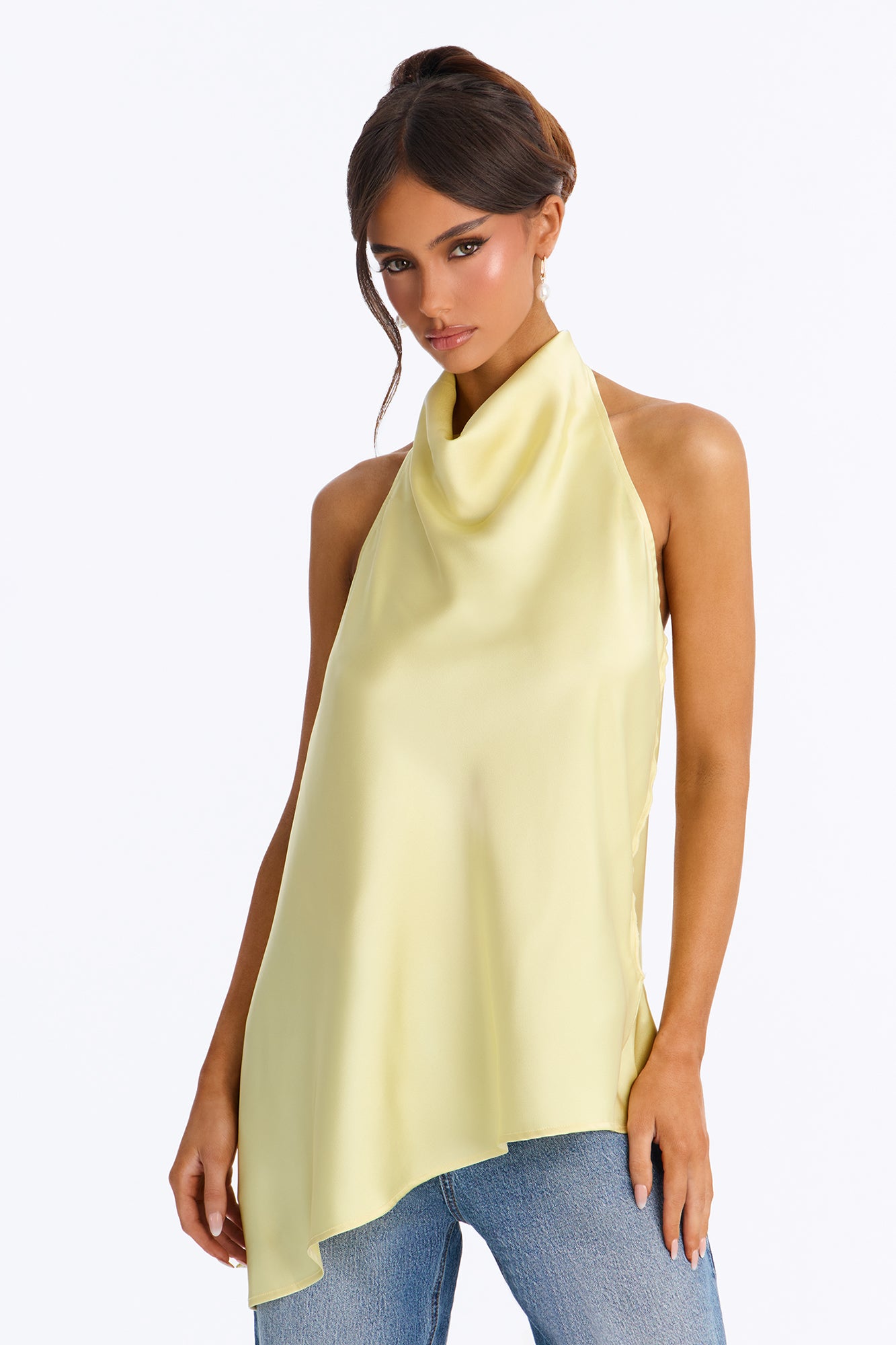 Teagan High Neck Satin Halter Top - Butter Yellow