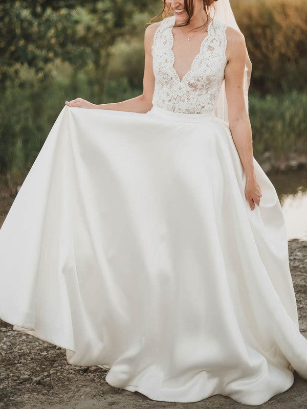 Beautiful A-Line V-Neck Lace Satin Wedding Dresses with Pockets