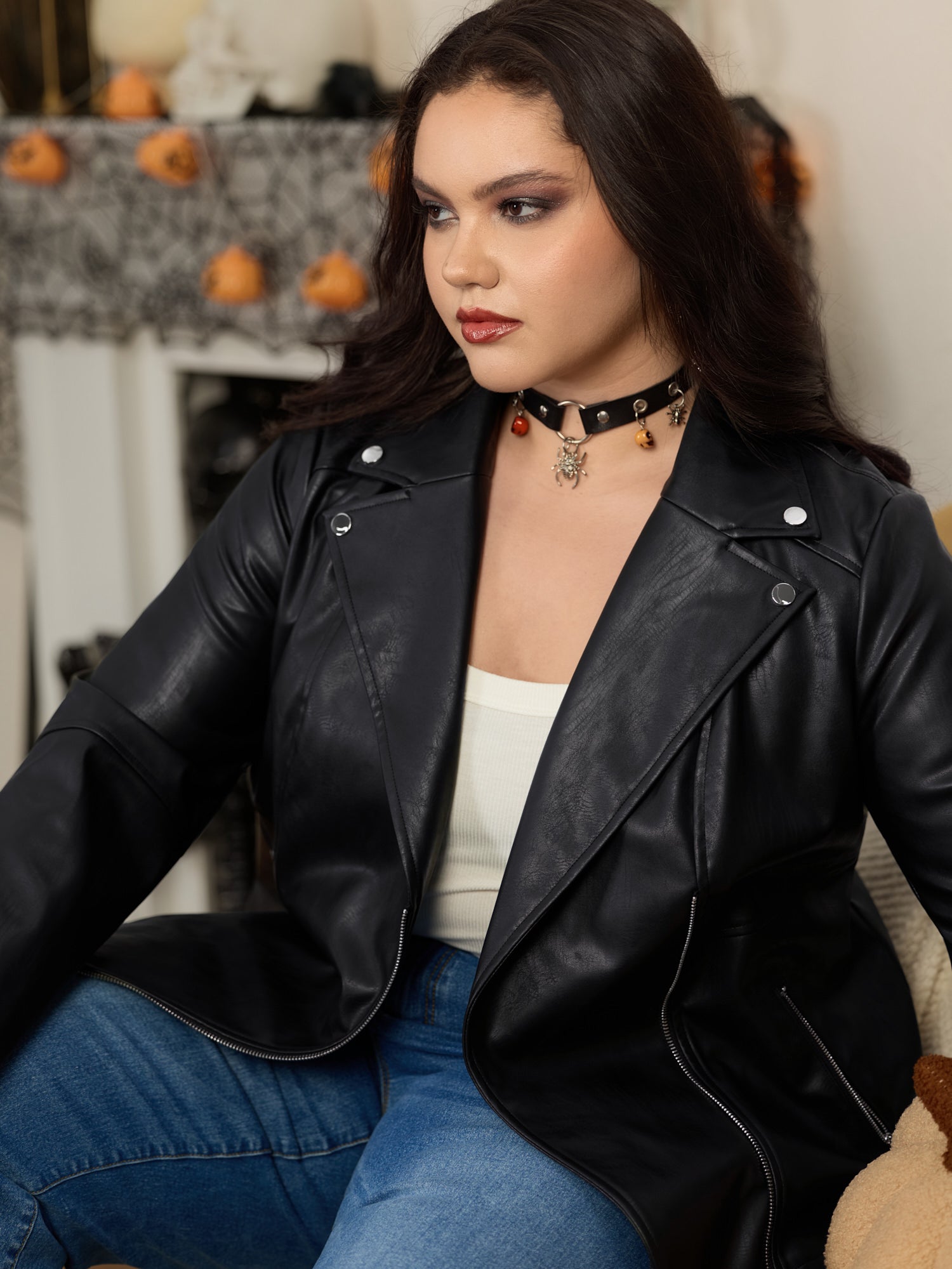 Lapel Collar Asymmetric Zipper Pocket Biker Jacket