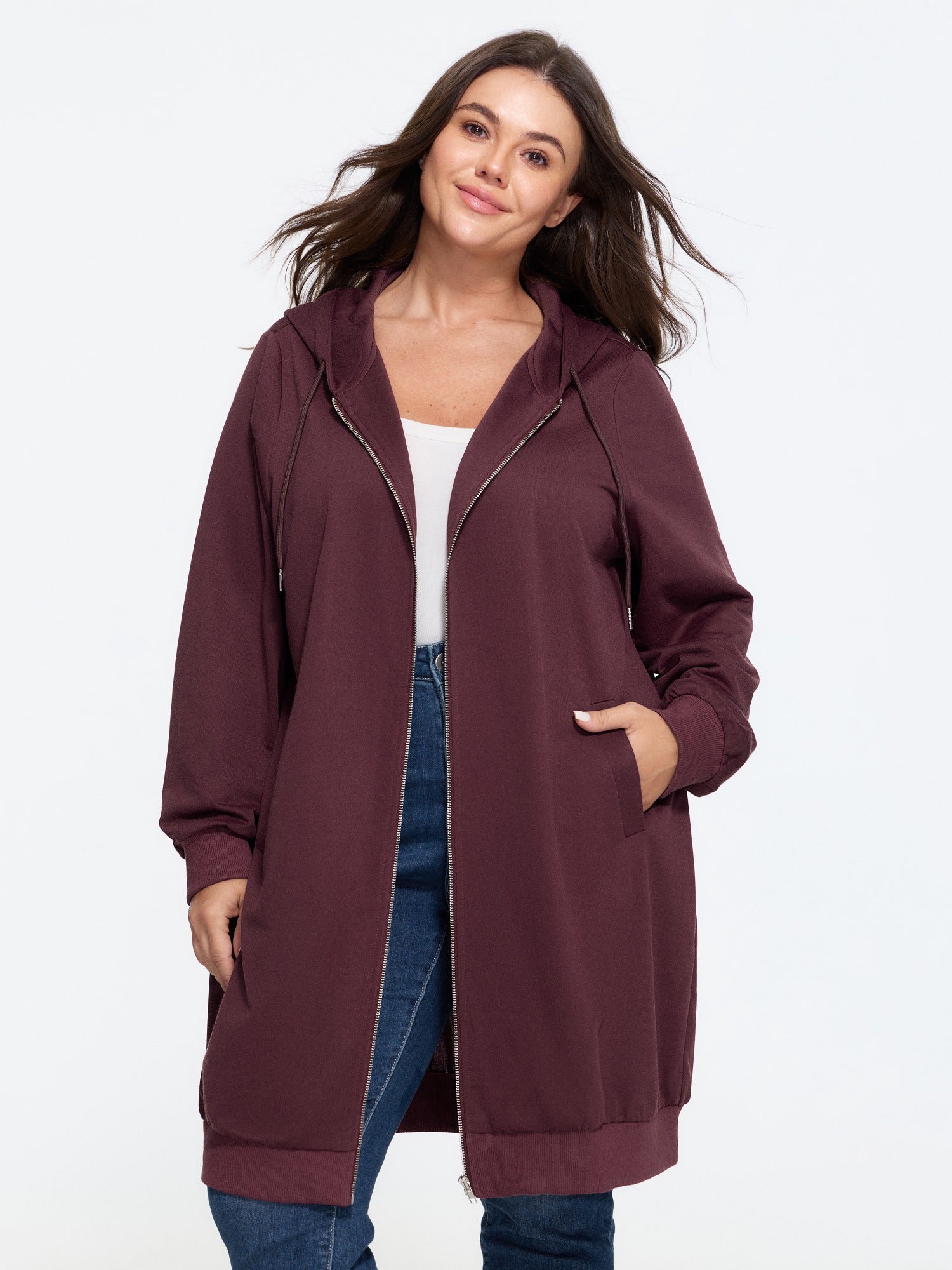 Solid Longline Drawstring Zipper Hoodie
