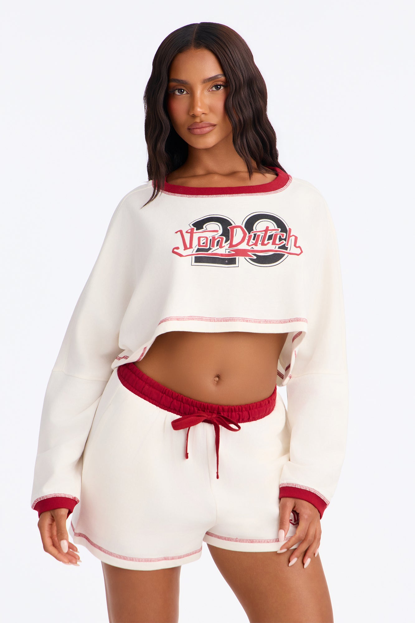 Von Dutch 29 Contrast Stitching PJ Short Set - Cream/combo