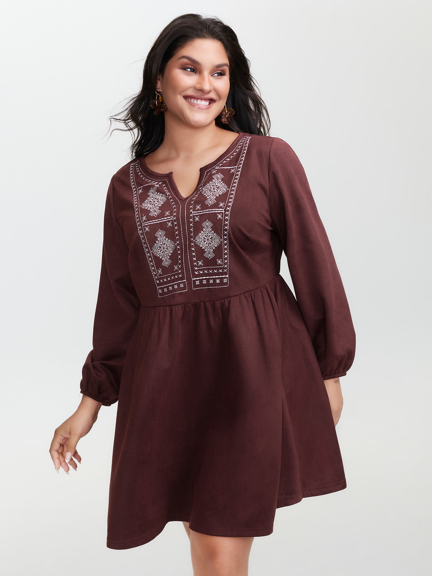 Boho Embroidery Notched Neckline Mini Dress