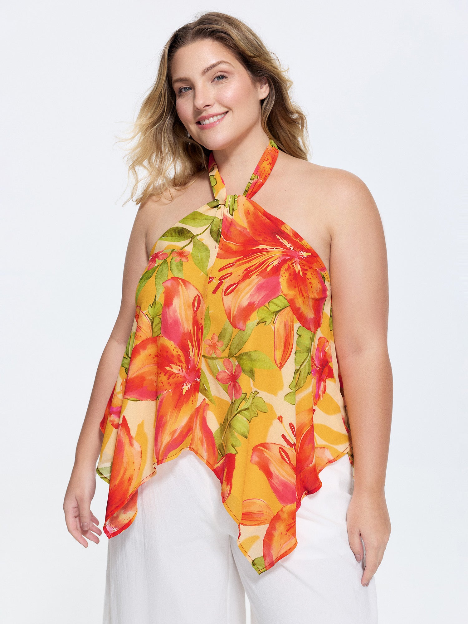 Vibrant Floral Print Handkerchief Hem Tank Top