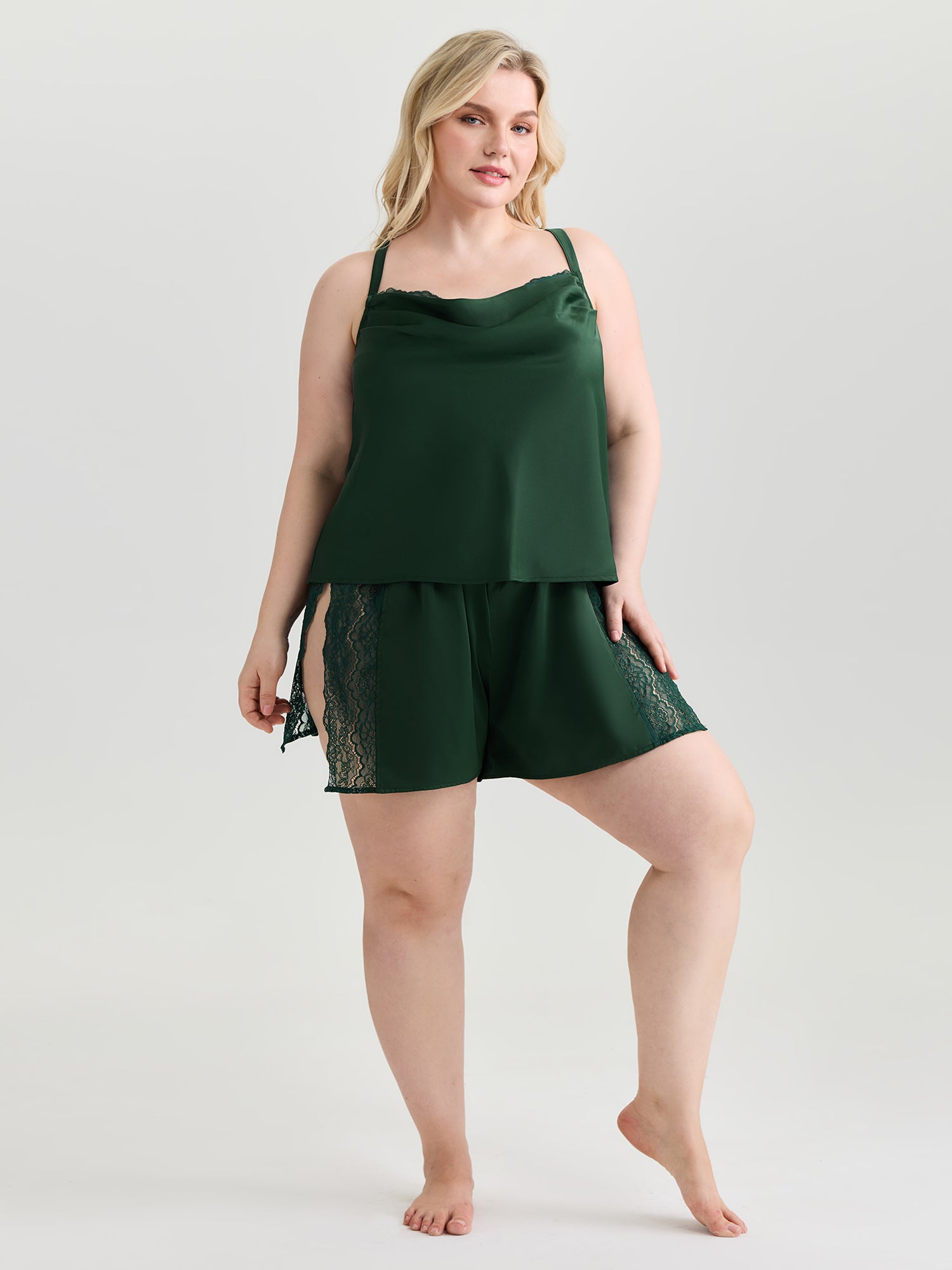 Cowl Neckline Lace Split Co-Ord Pajama Set
