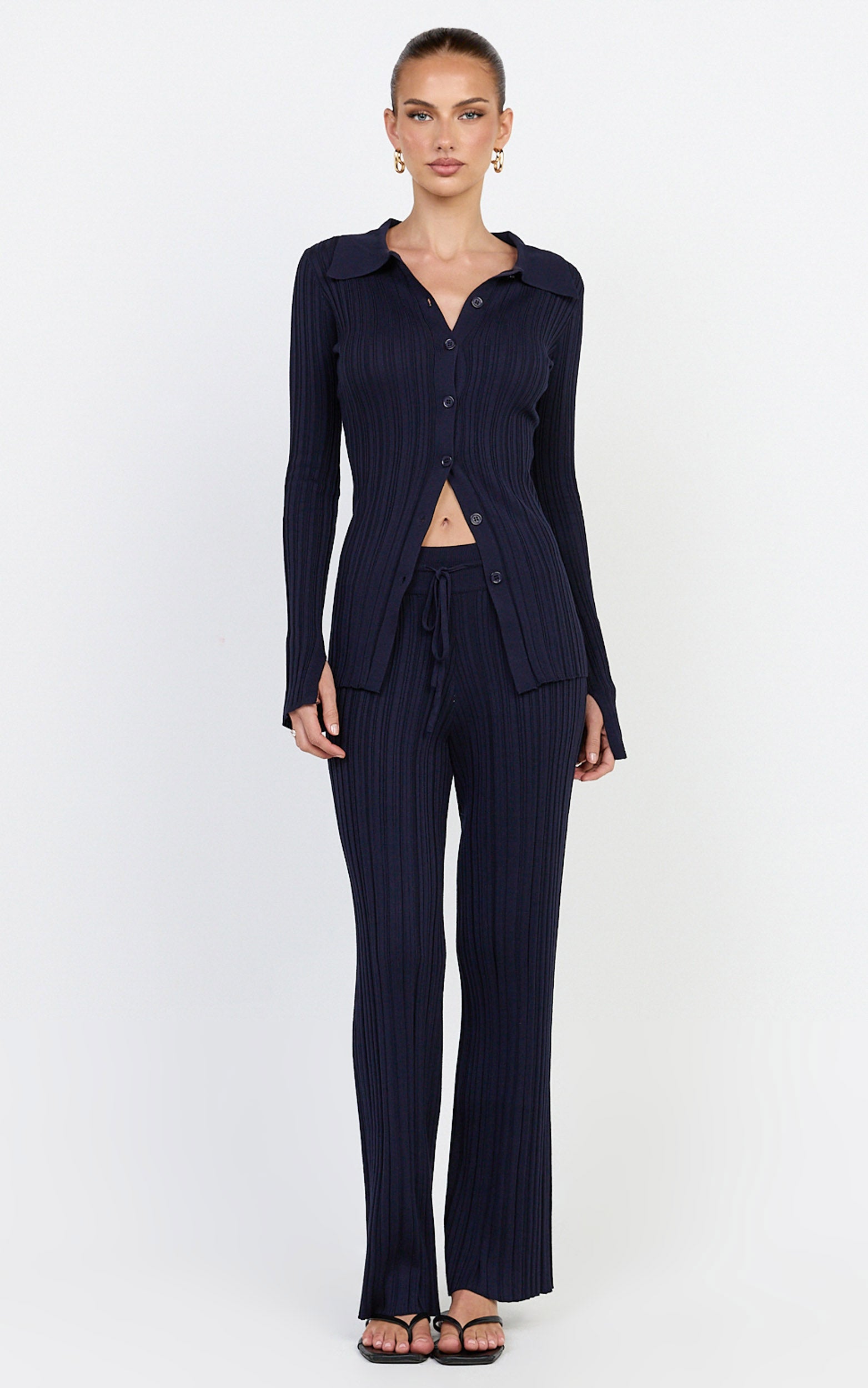 Kelsey Pants - High Drawstring Waist Knit Pants in Navy