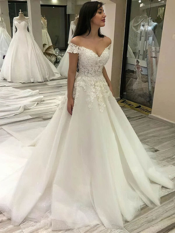 Elegant V-Neck Off-The-Shoulder Tulle Court Train Wedding Dresses with Beads