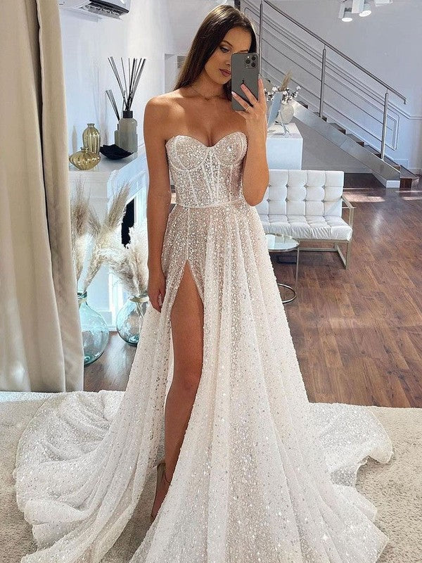 Gorgeous Strapless A-Line Sweetheart Sequined Wedding Dresses with Split