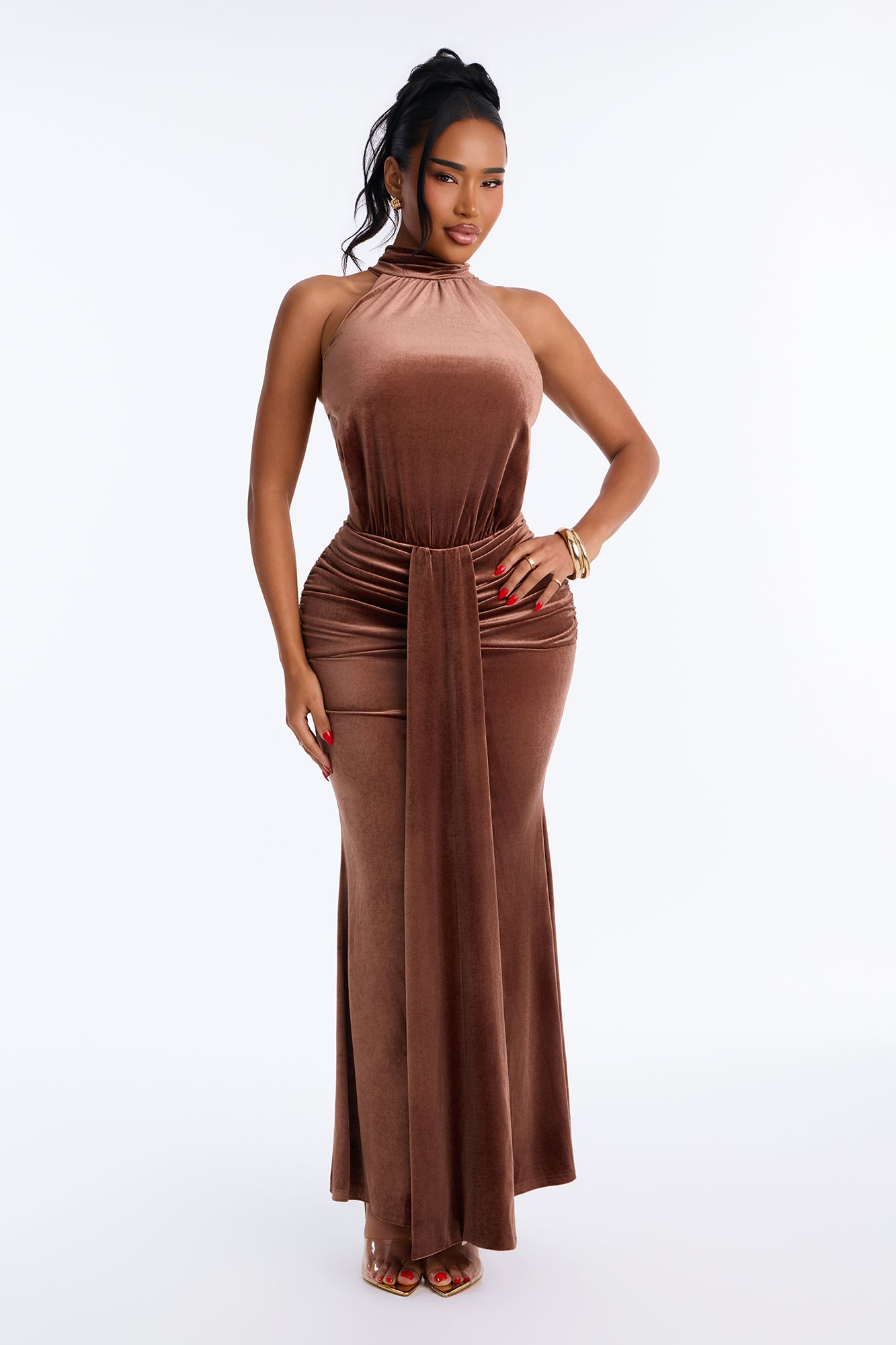 The Main Event Velvet Backless Maxi Dress - Bronze