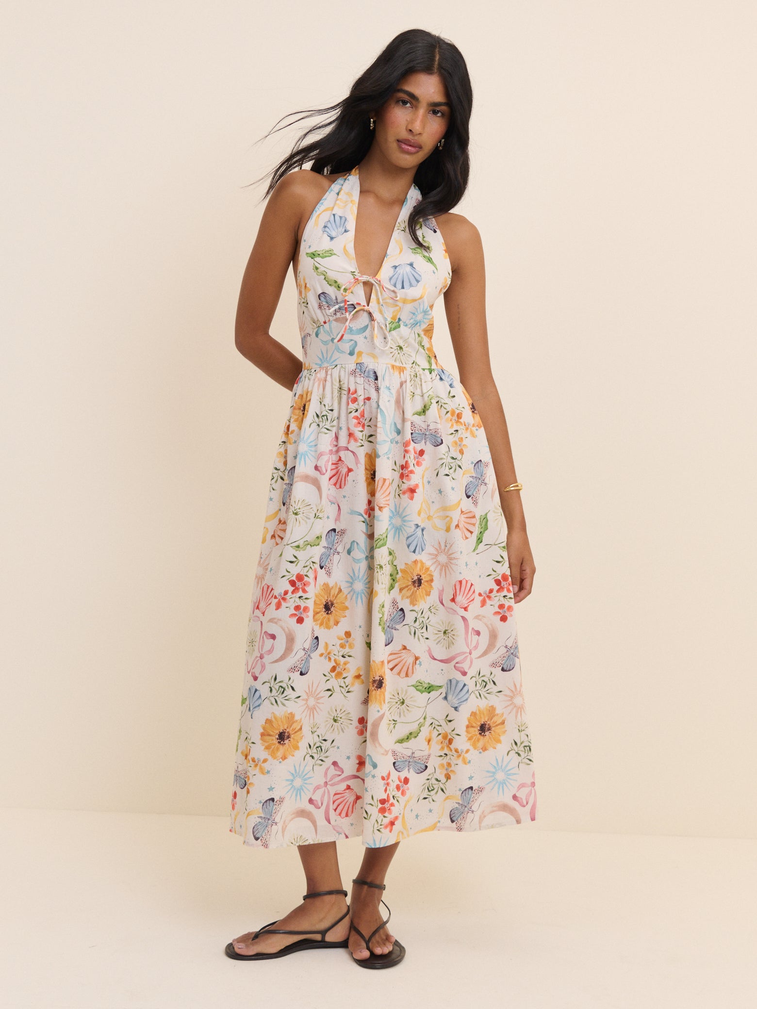 White Floral Halterneck Lilijana Midi Dress