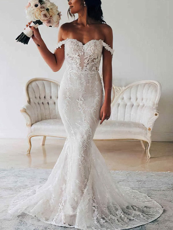 Gorgeous Off-The-Shoulder Sweetheart Lace Trumpet Sweep Train Wedding Dresses