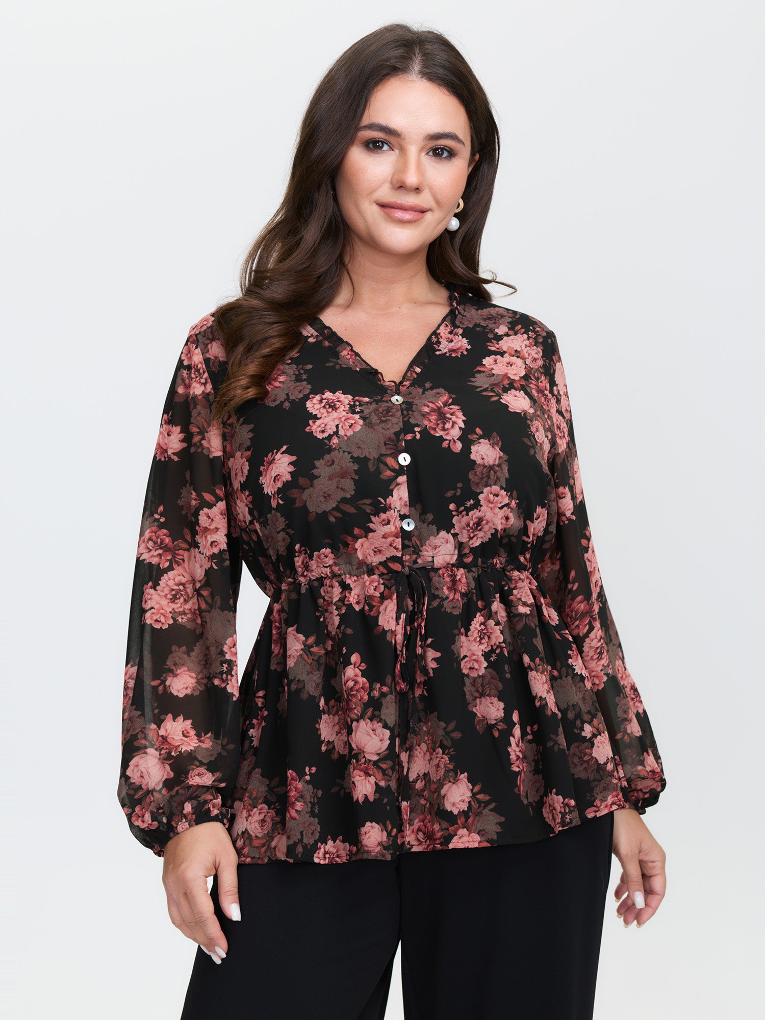 Floral Print Sheer Ruffled Blouse