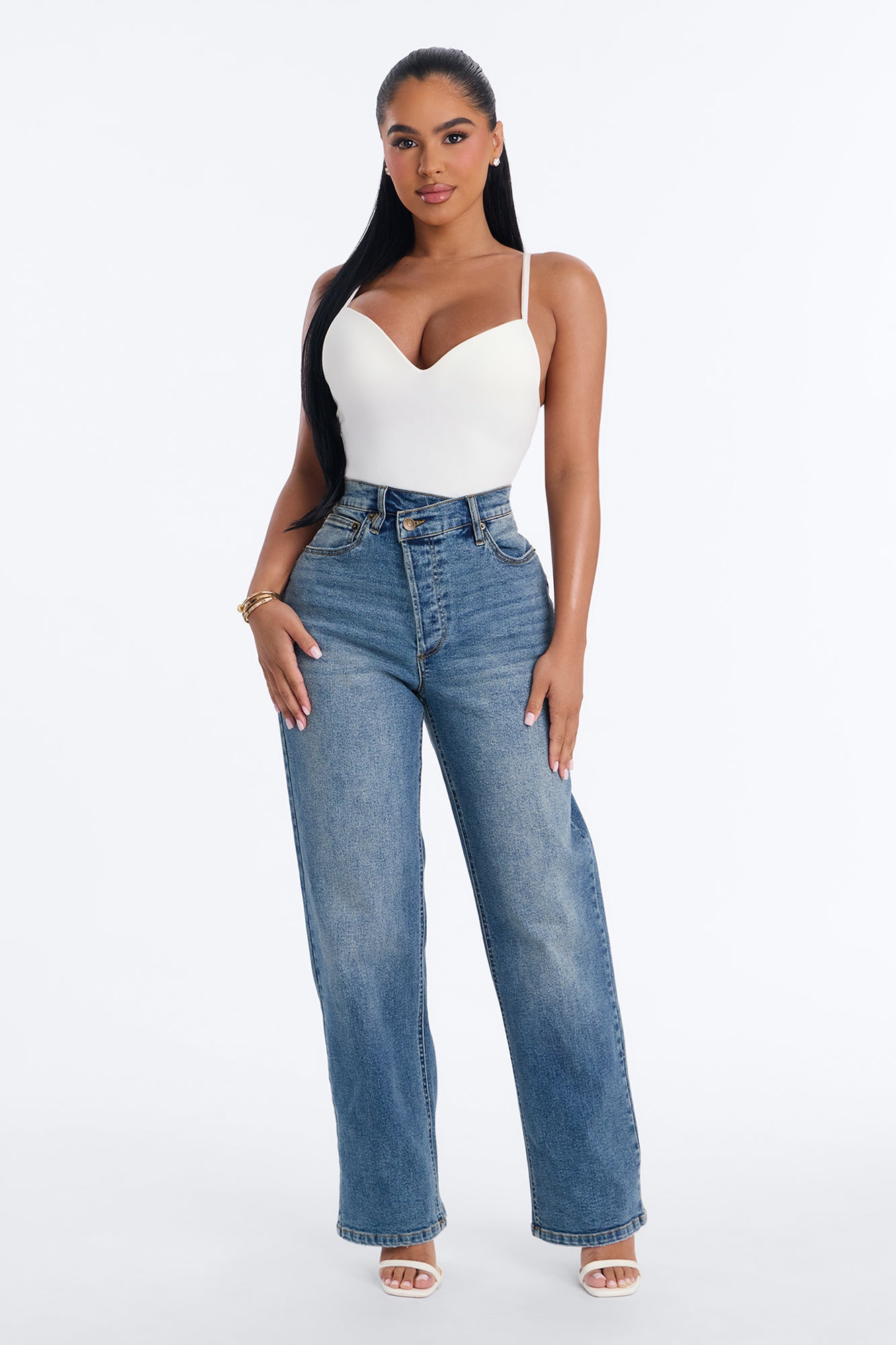 Petite In Sync Stretch Crossover Straight Leg Jeans - Dark Wash