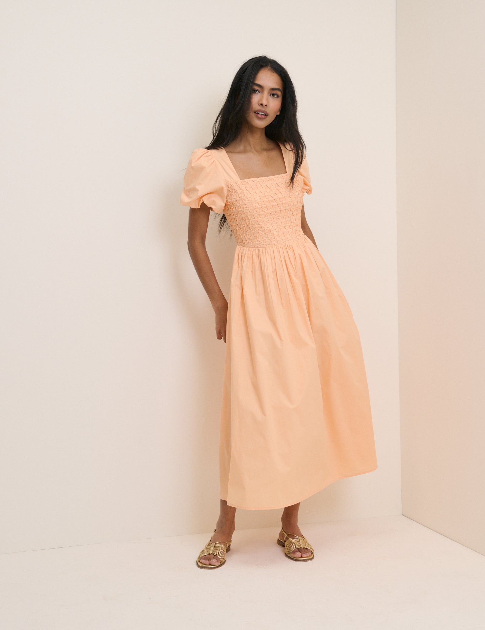 Peach Puff Sleeve Ida Midi Dress