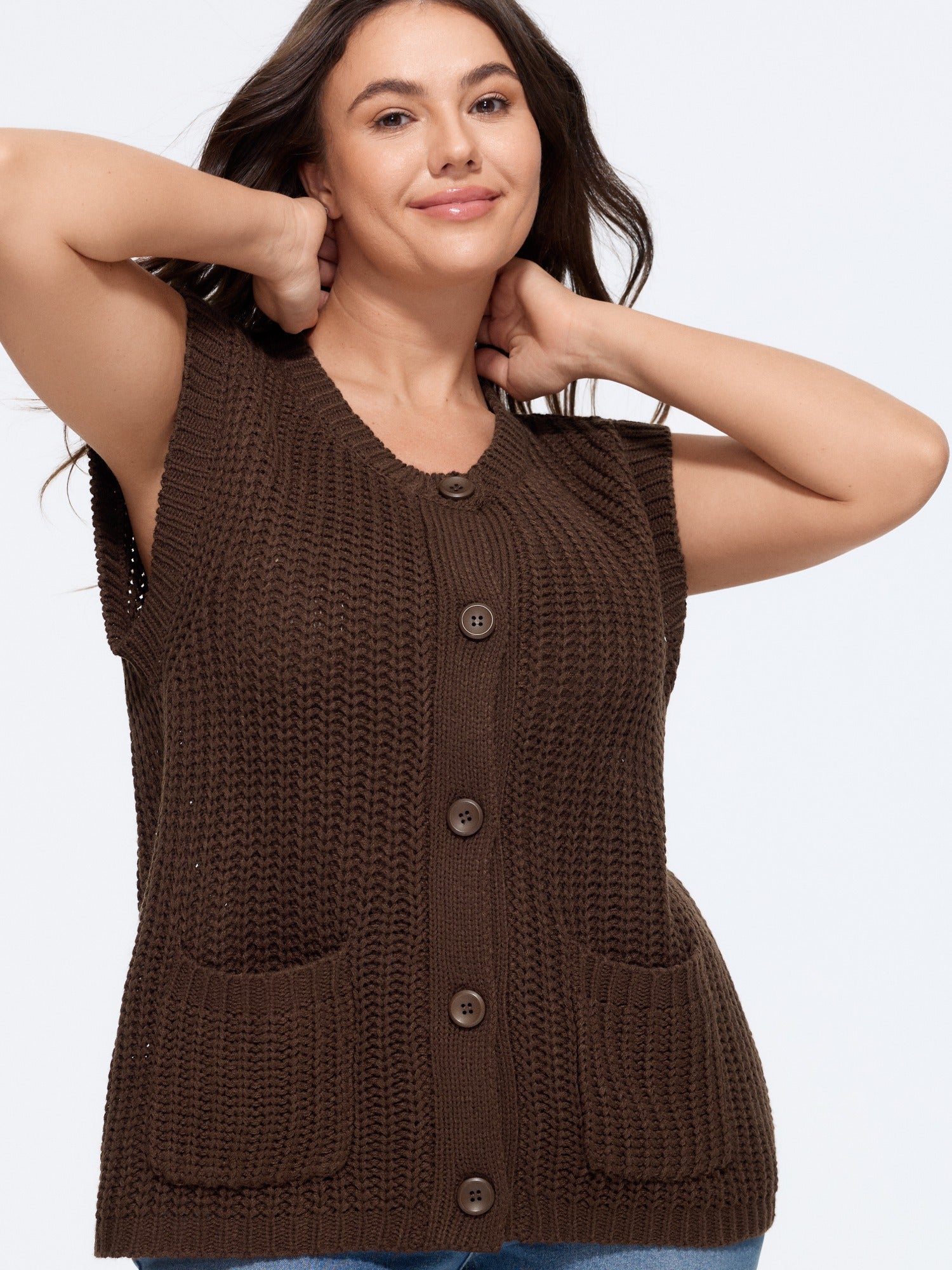 Round Neck Button‑Front Chunky Knit Sweater Vest