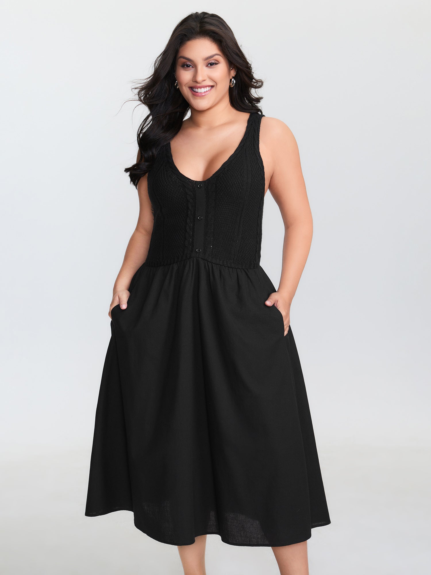 Textured Stretchy Button Detail Midi Dress