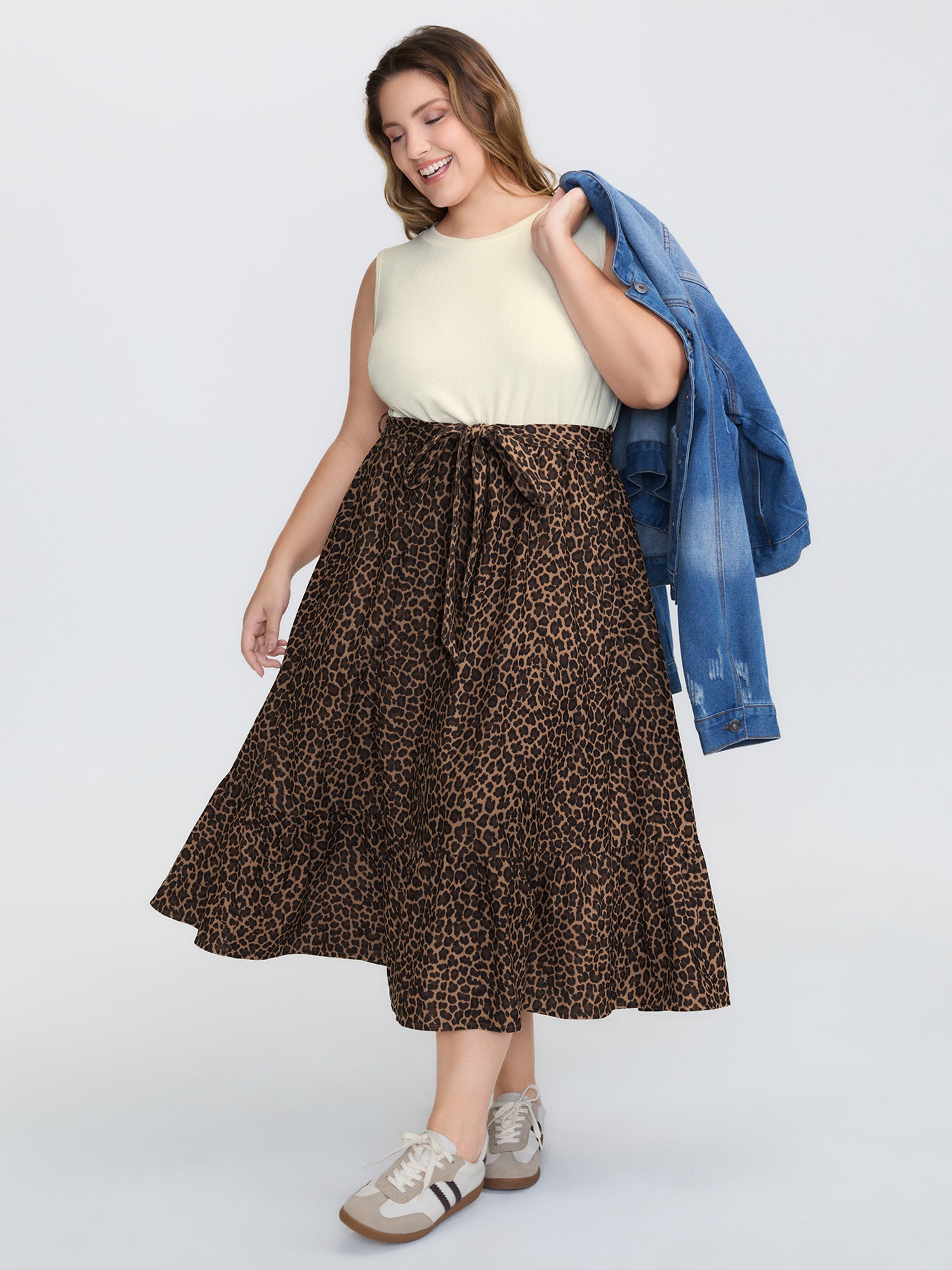 Leopard Print Patchwork Belted Waist Midi Dress