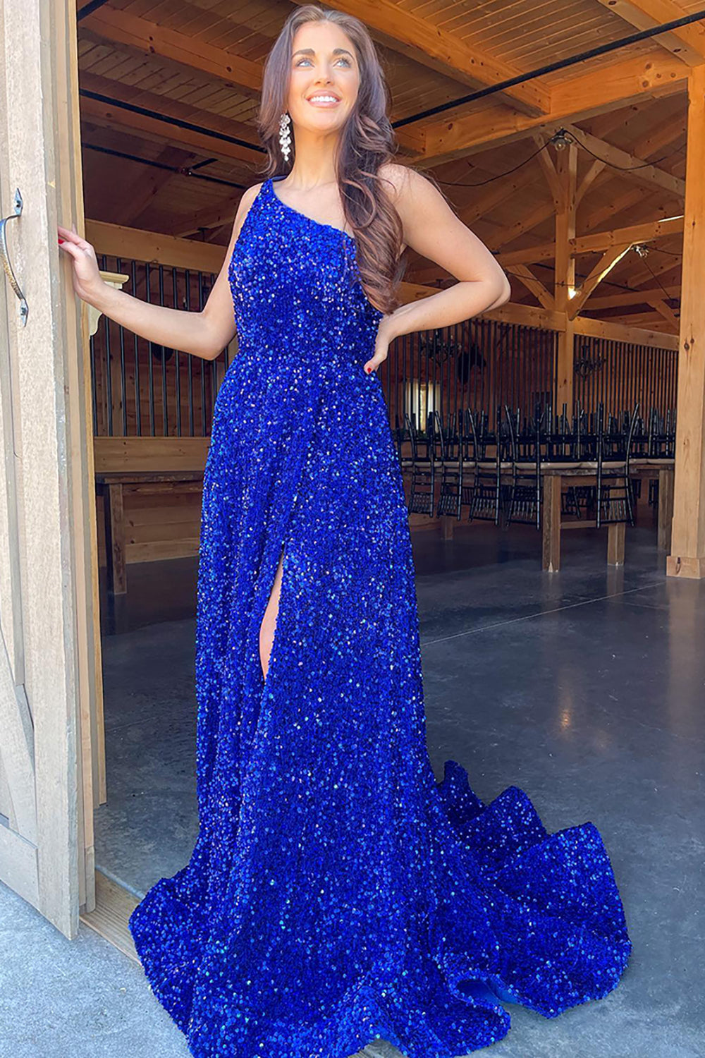 Royal Blue Sparkly One-Shoulder Long A-Line Sequined Prom Dress with Slit