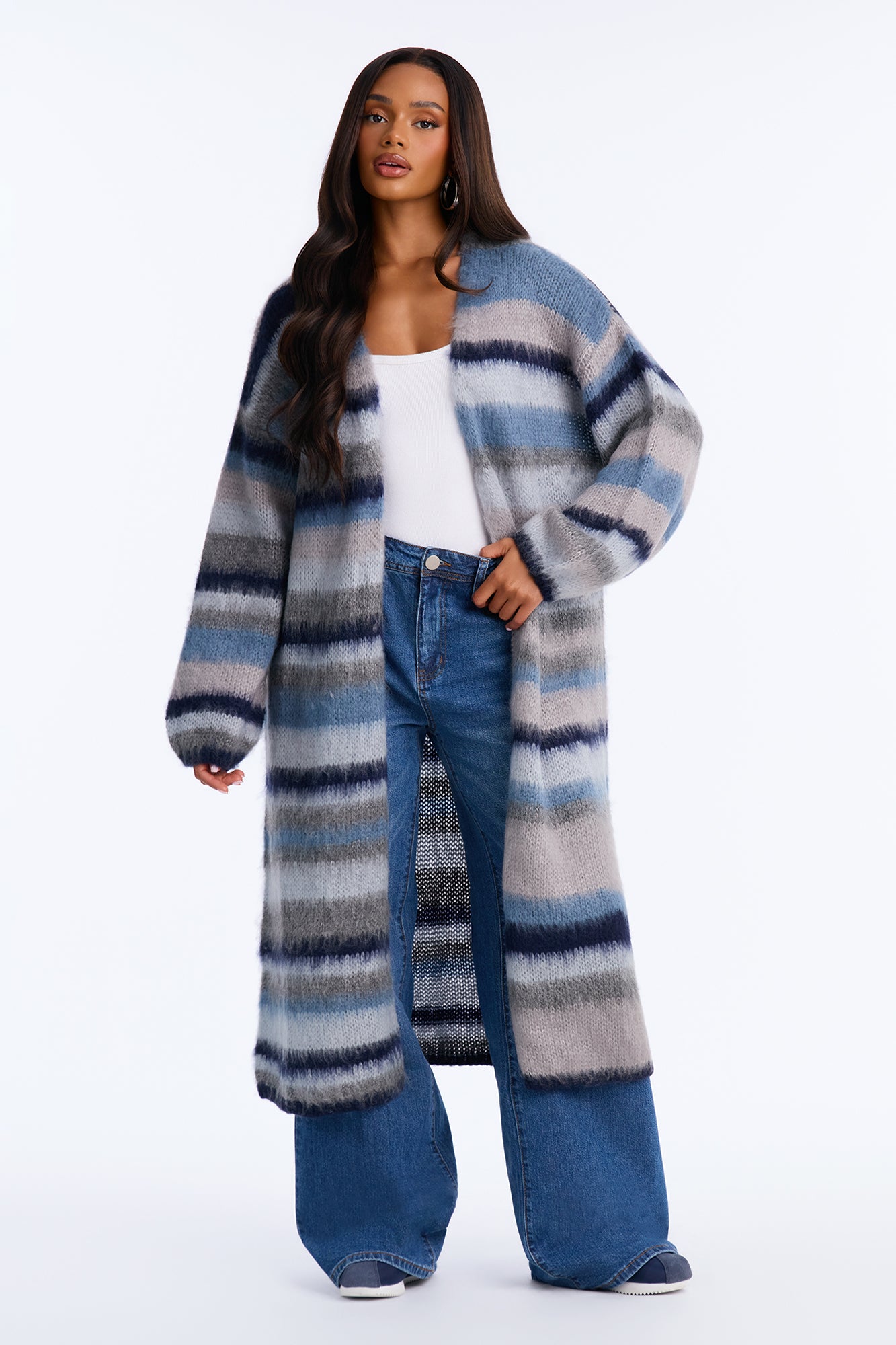 Loveliness Colorblock Fuzzy Long Cardigan - Blue/combo