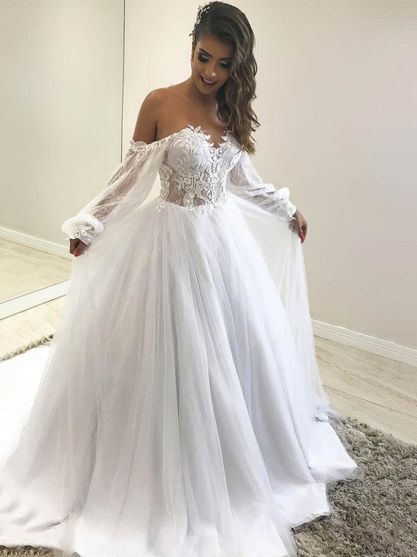 Exquisite Off-The-Shoulder Sweetheart Long Sleeves Tulle Ball Gown Wedding Dresses with Court Train