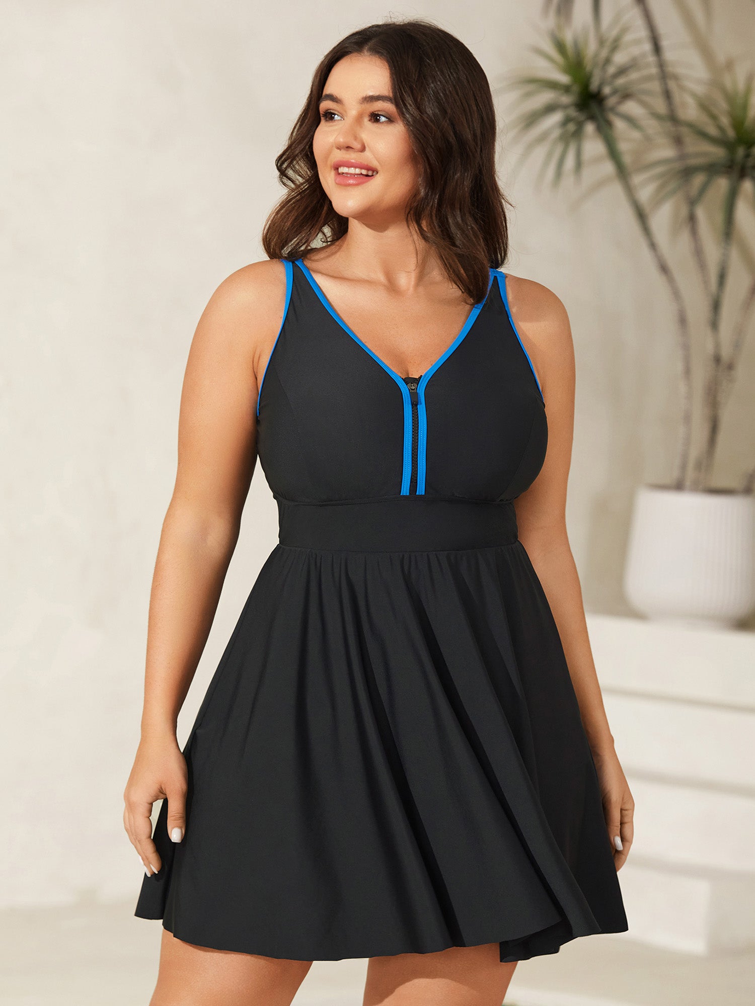 Zipper Front Color Contrast Swim Dress
