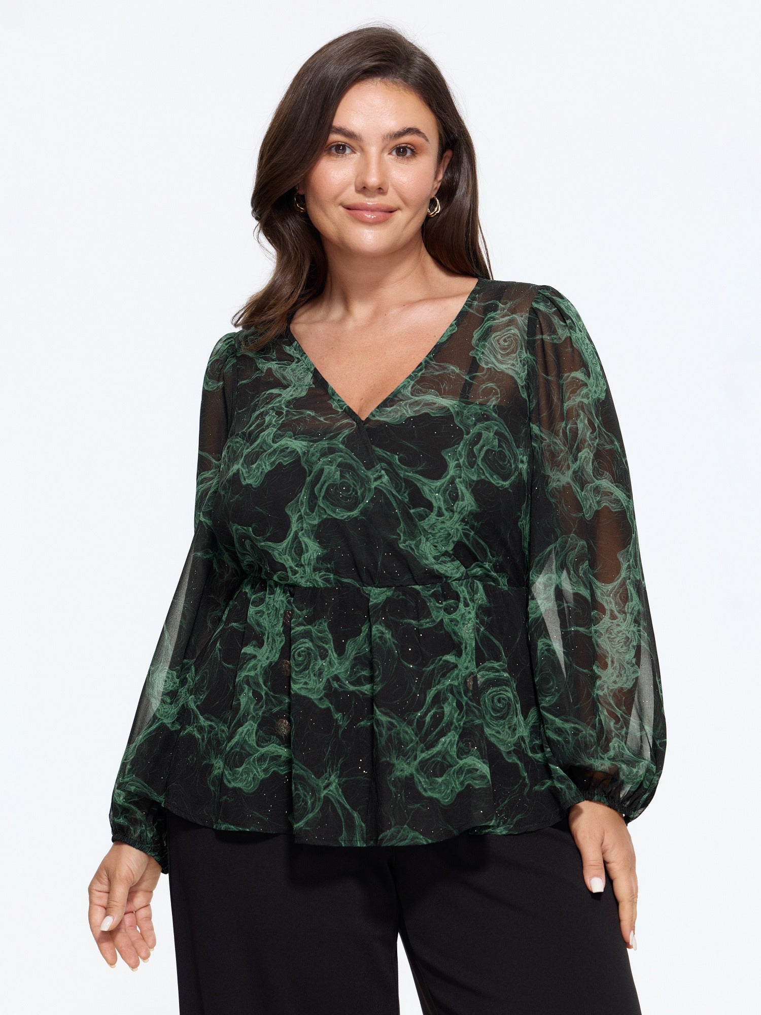 V‑Neck Swirl Print Sheer Blouse