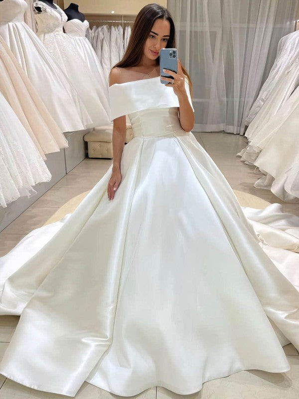 Stunning Off-The-Shoulder Satin Court Train Ball Gown Wedding Dresses