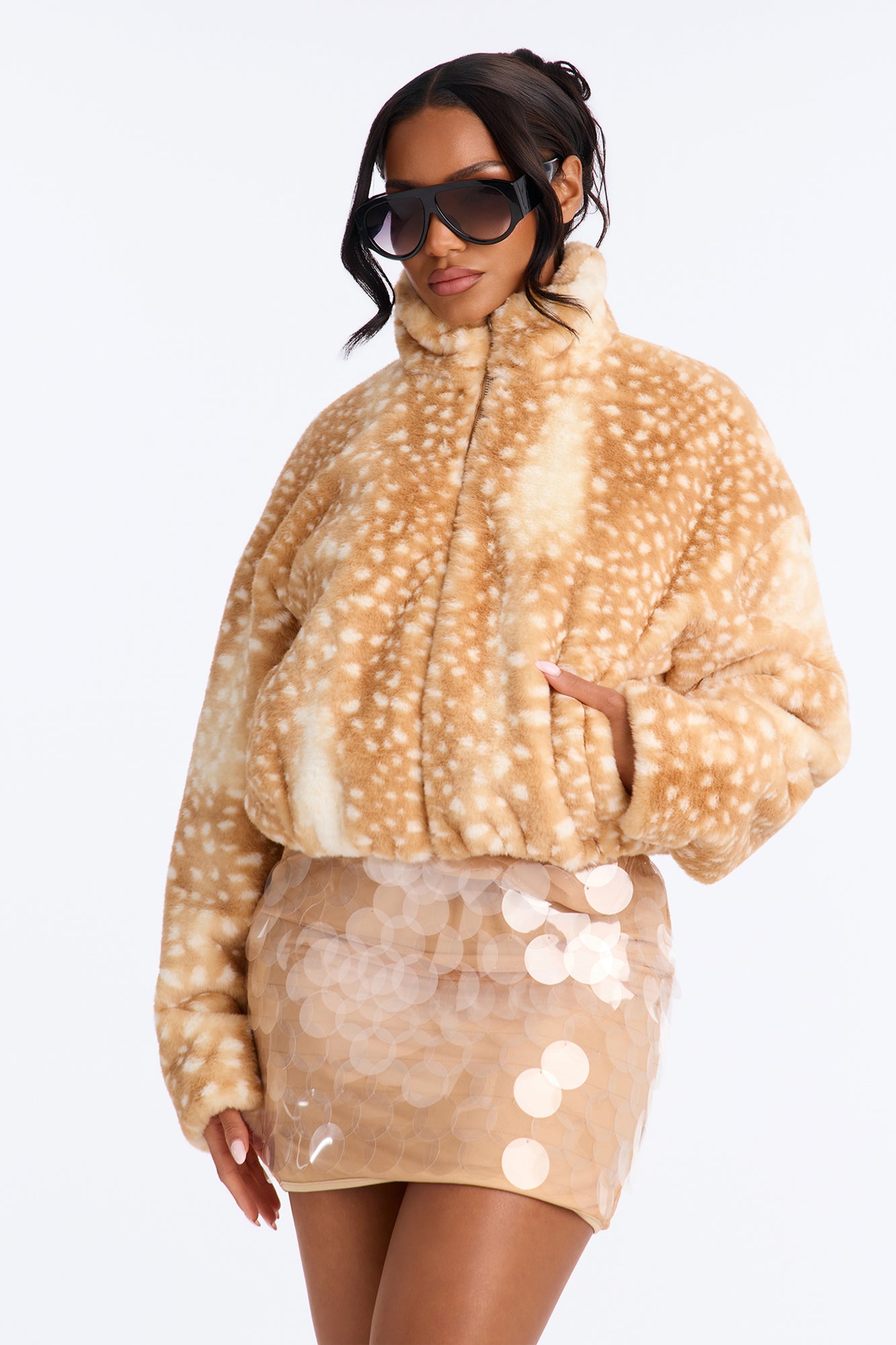 Bambi Funnel Neck Faux Fur Jacket - Taupe/combo