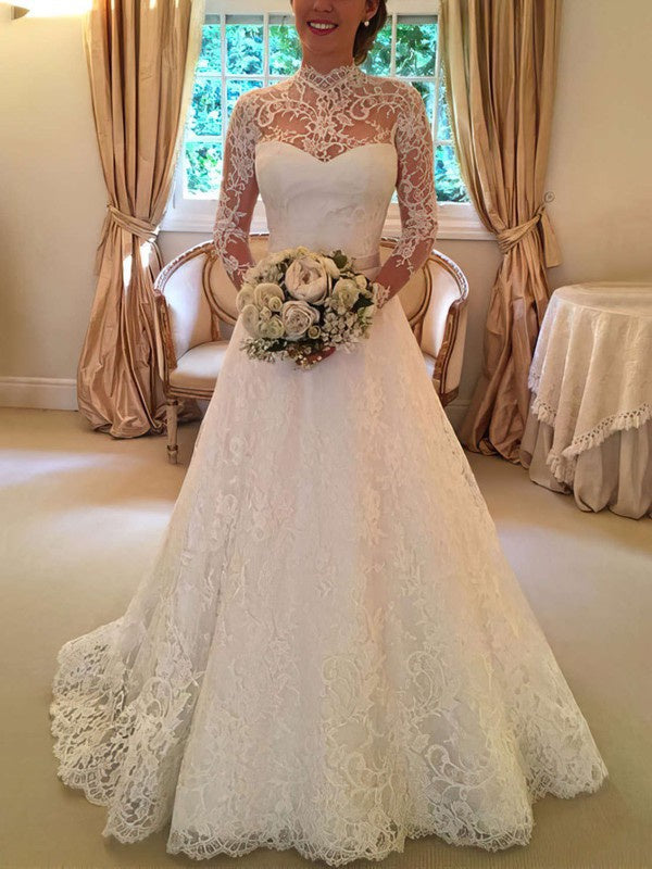 Elegant High Neck Long Sleeves Lace Ball Gown Wedding Dresses with Sash