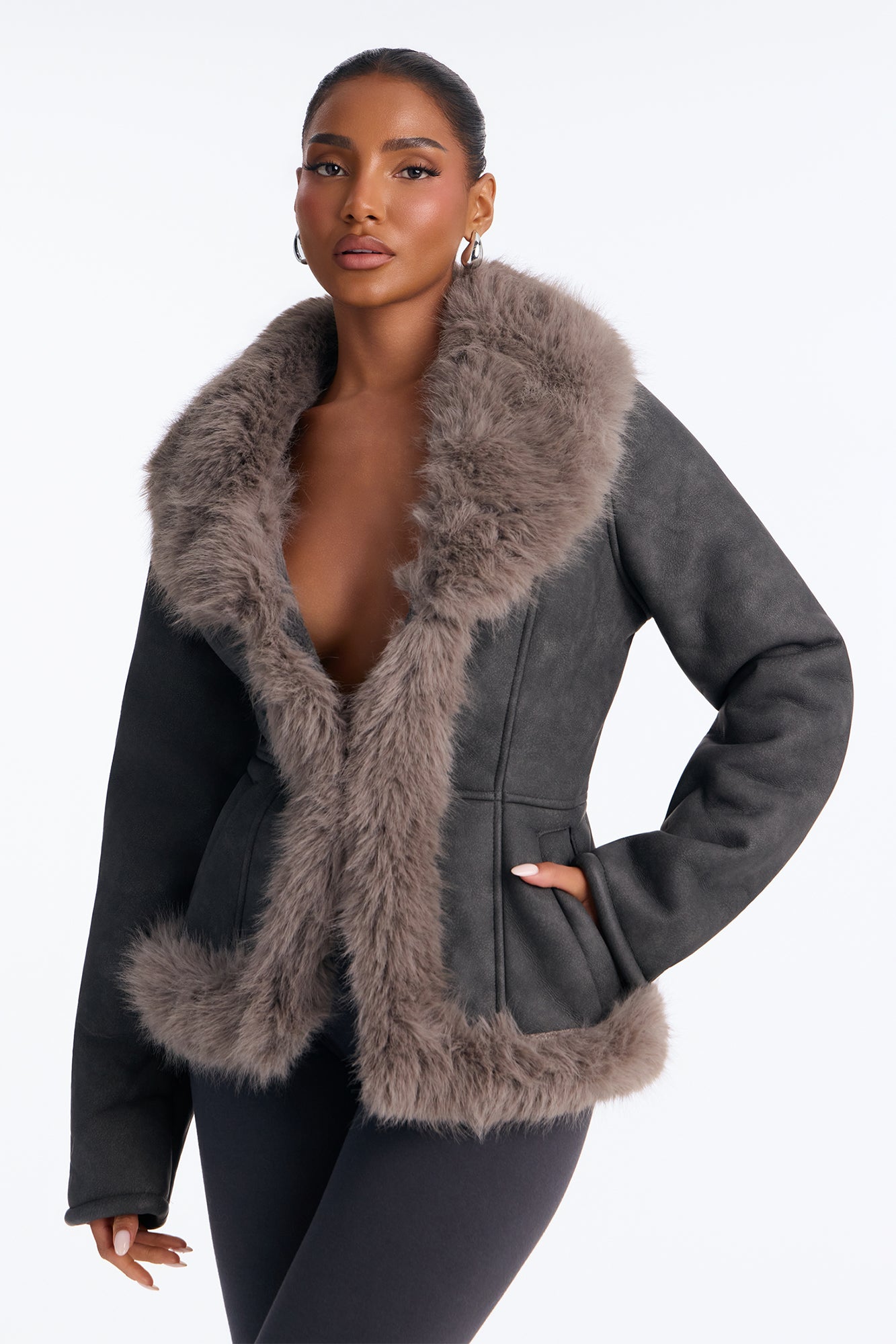 Foxy Fur Trim Cinched Waist Coat - Black