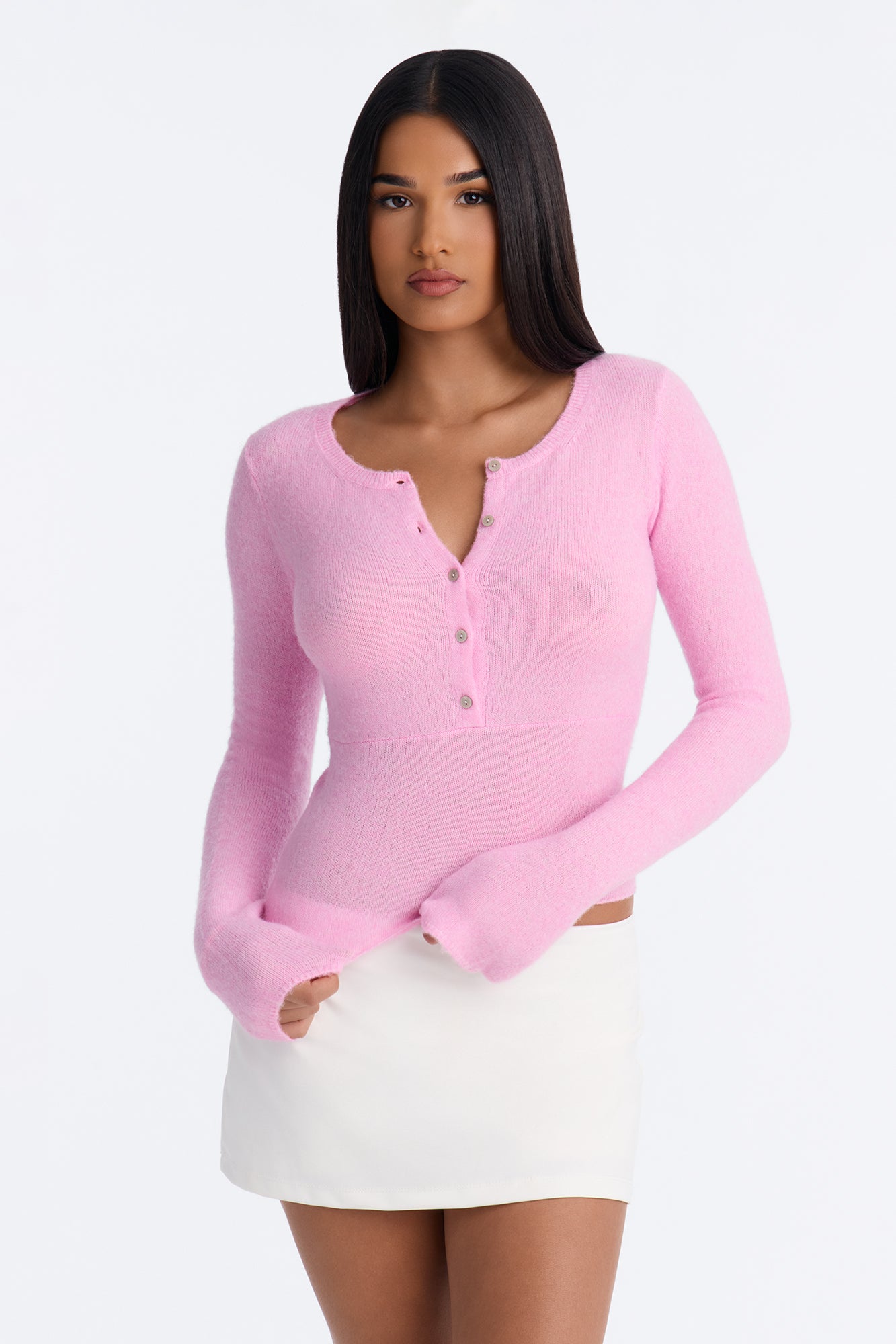 Bella Scoop Neck Long Sleeve Cardigan - Pink