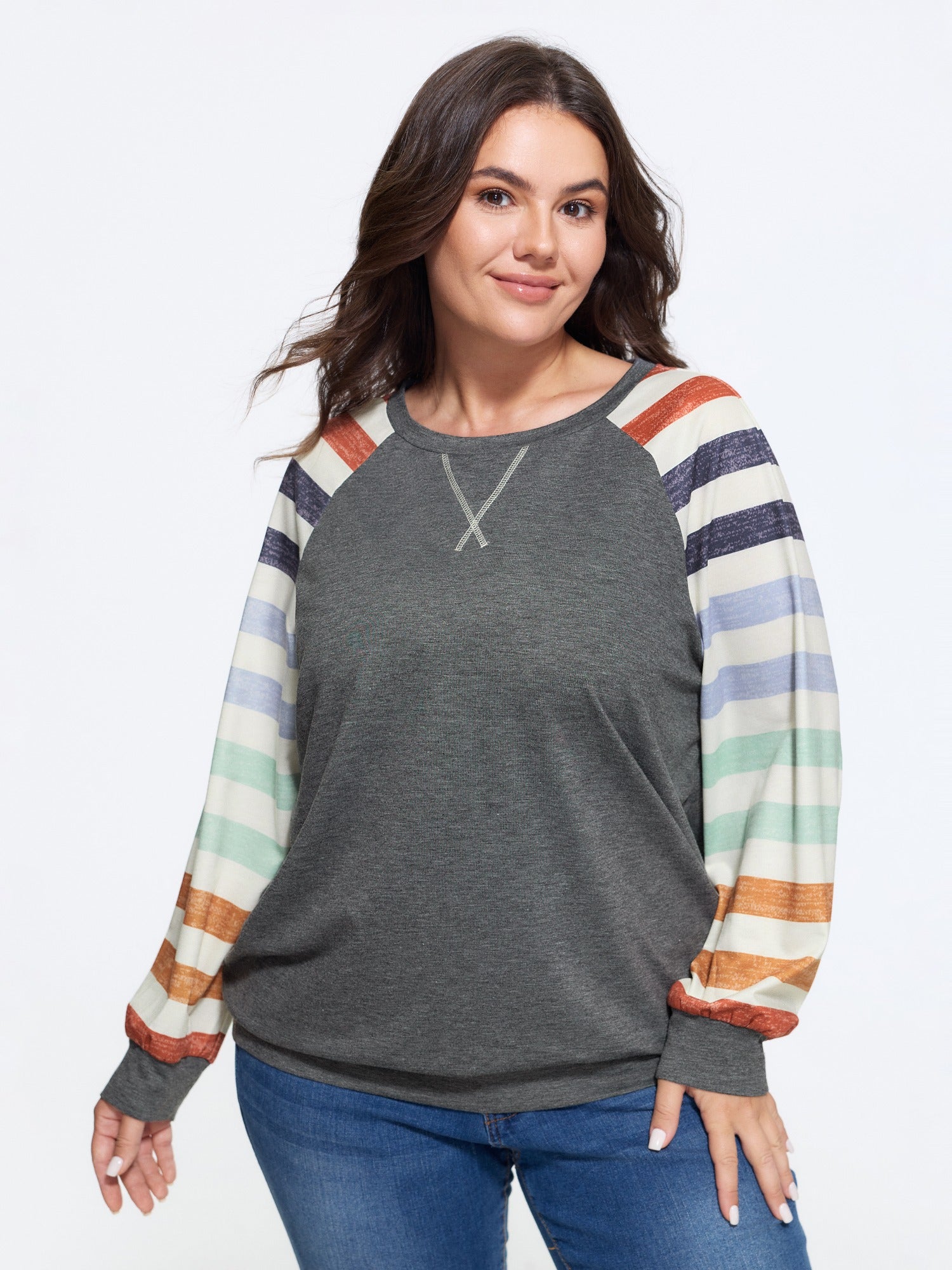 Supersoft Colorful Striped Sleeve Criss‑Cross Stitch Sweatshirt
