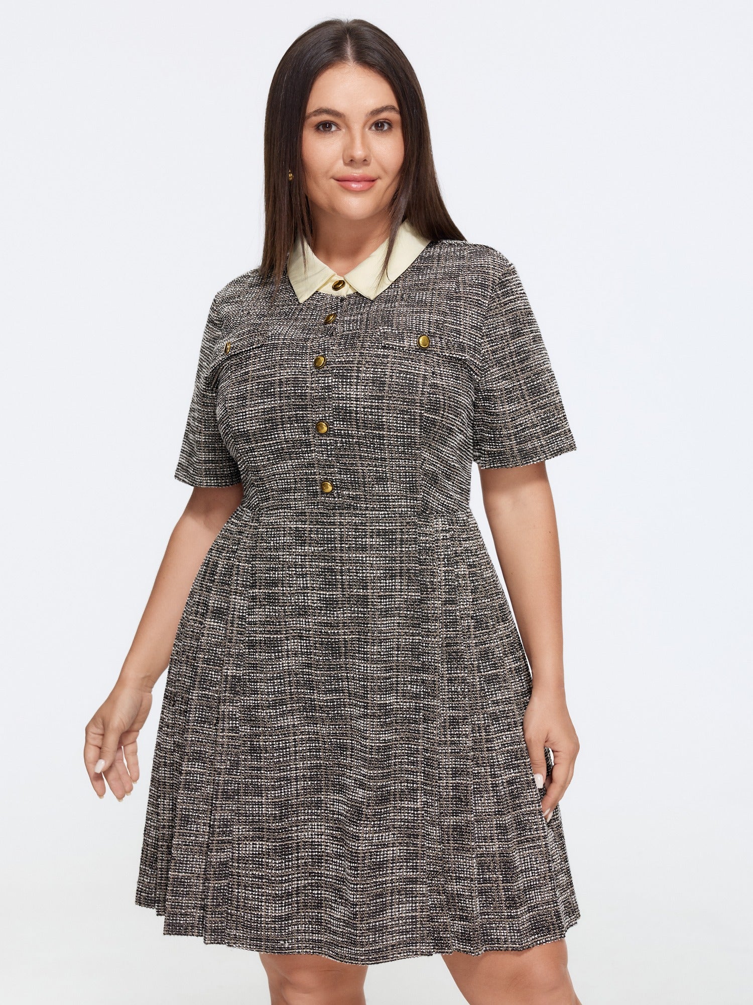 Tweed Short Sleeve Collared Mini Dress