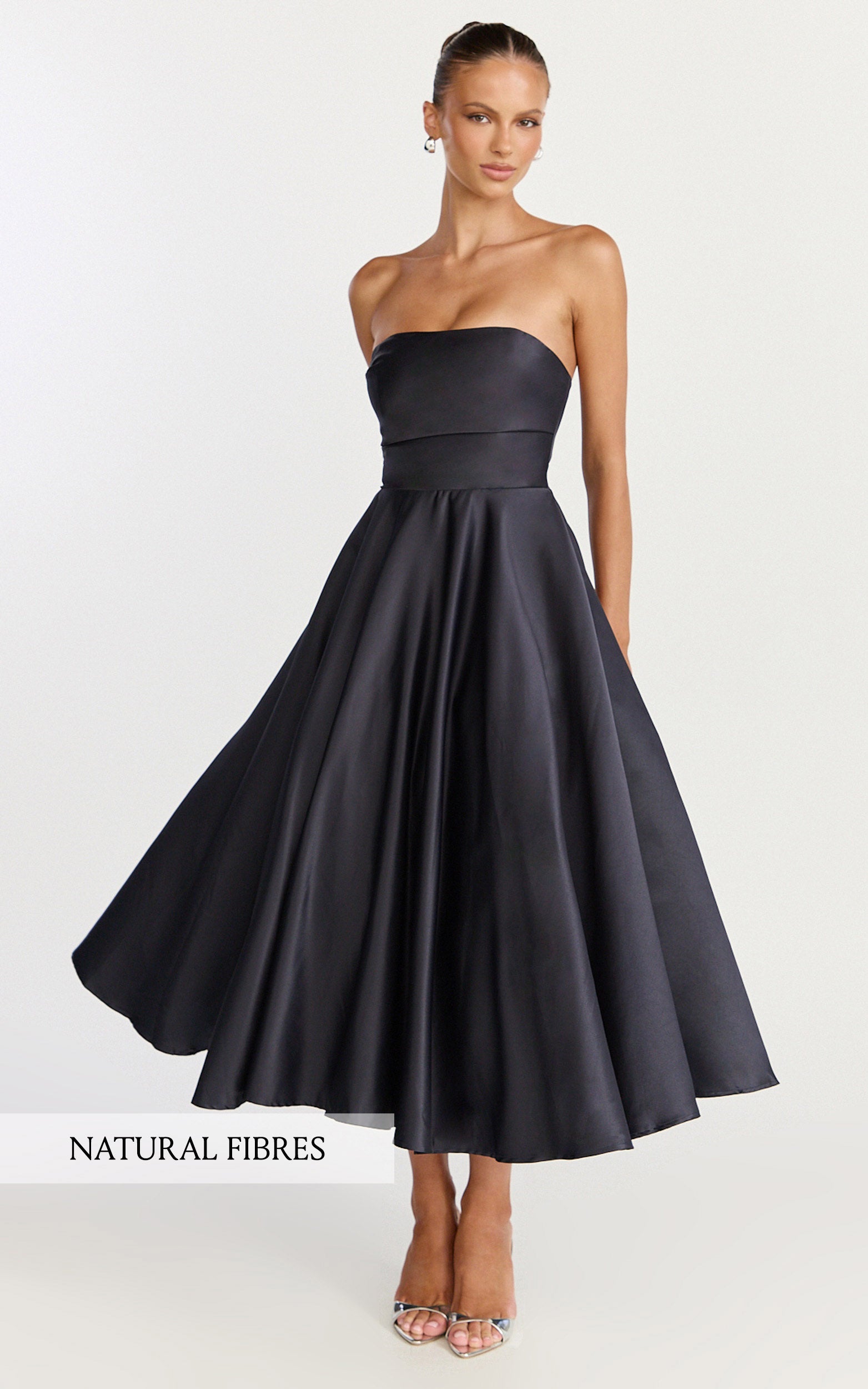 Helaina Midi Dress - Strapless A-Line Satin Dress in Navy