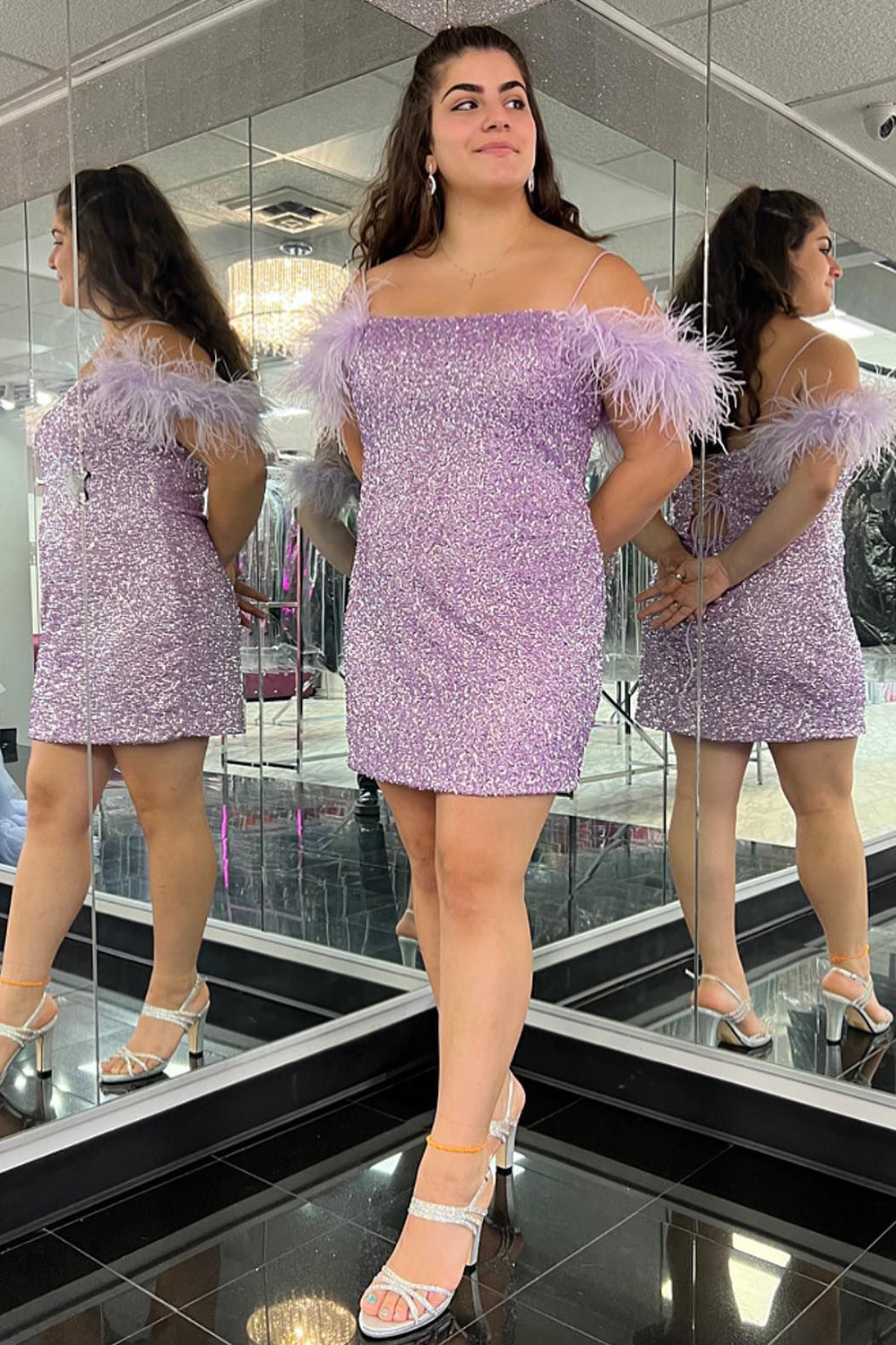 Sparkly Lilac Sequins Tight Short Homecoming Dress/Mini Dress with Feathers