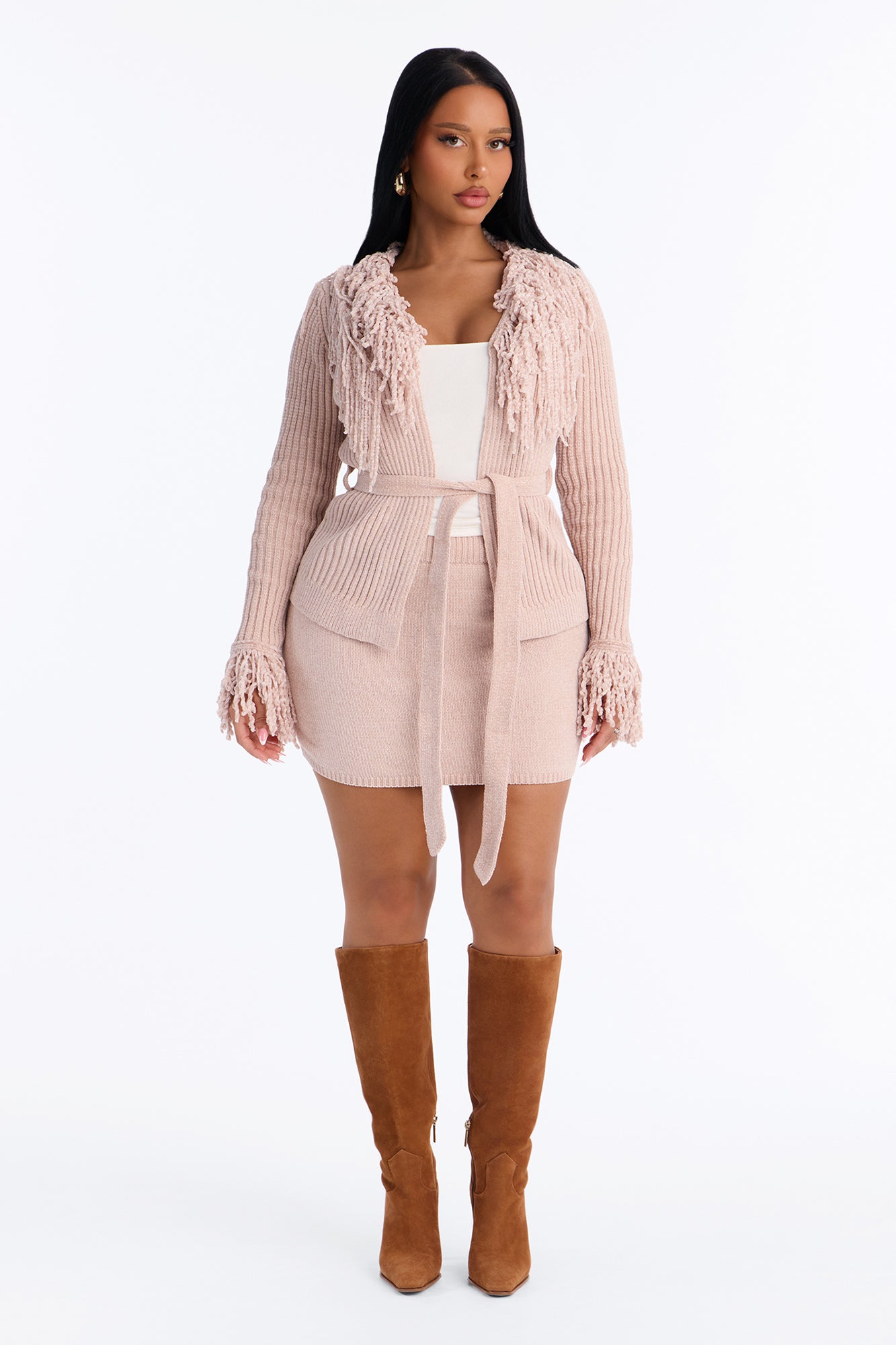 Cozy Girly Fringe Sweater Skirt Set - Pink