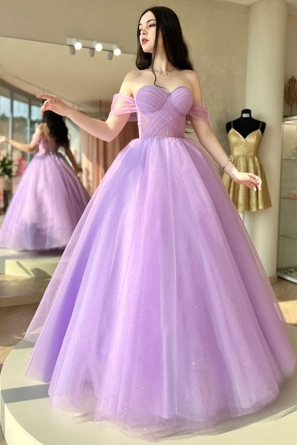 Purple Long Prom Dress with Criss Cross Back and Off-the-Shoulder Princess A Line