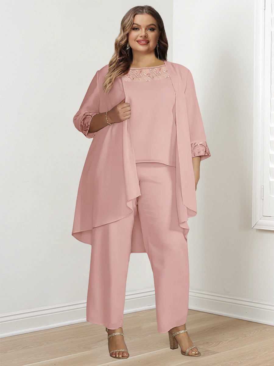Elegant Plus Size Mother of the Bride Chiffon Pantsuit with Long Sleeves and Jacket