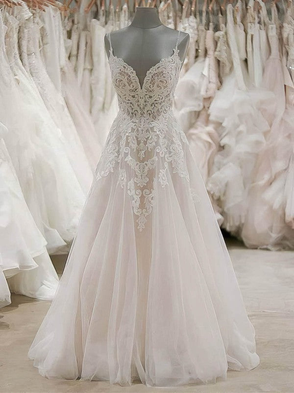 Beautiful Spaghetti Straps V-Neck Backless lace Sweep Train A-Line Wedding Dresses
