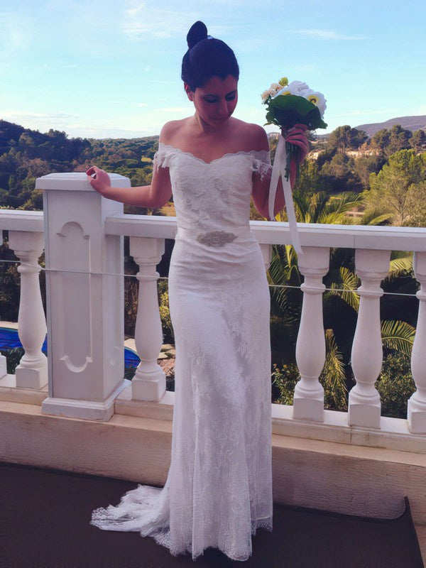 Gorgeous Off-The-Shoulder Sheath V-Neck Lace Sweep Train Wedding Dresses with Sash