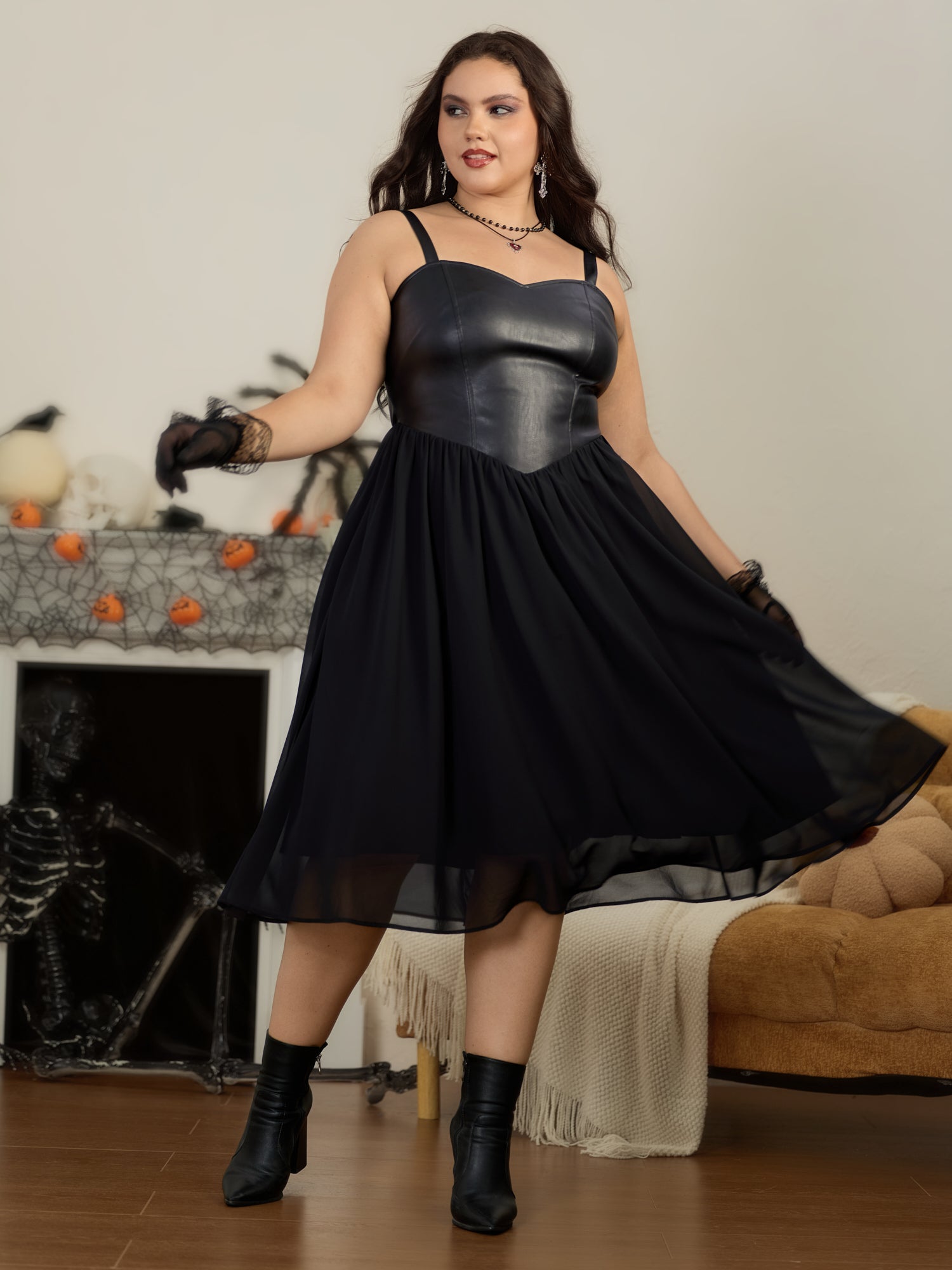 Faux Leather Bodice Chiffon Cami Midi Dress