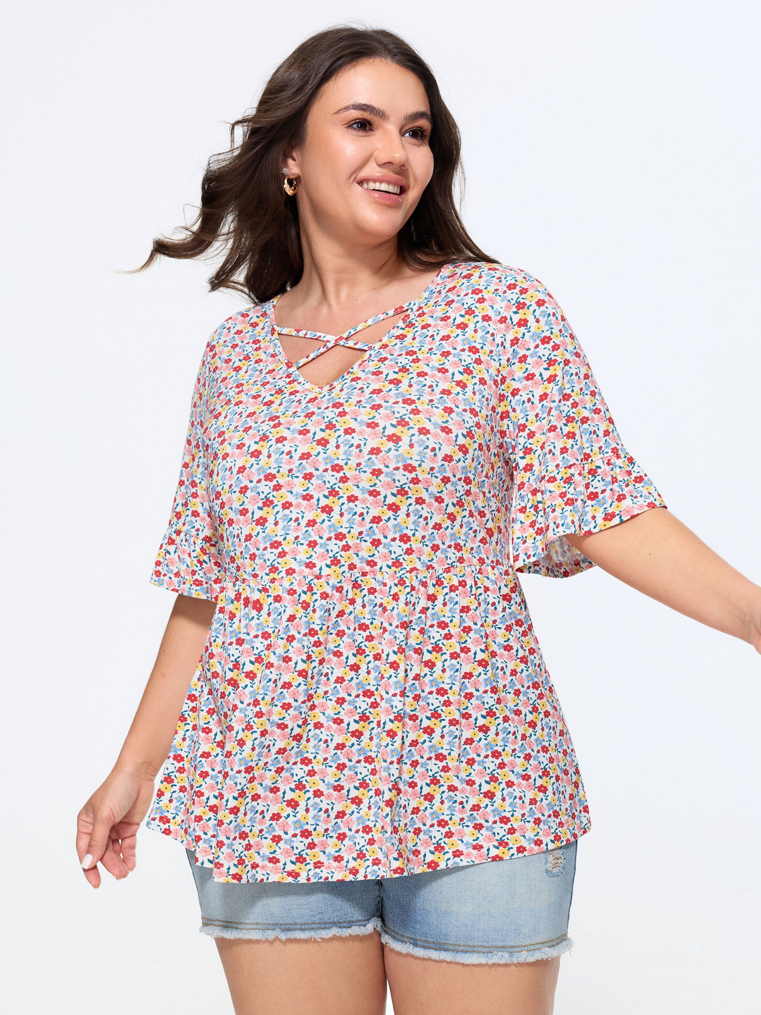 Supersoft Stretchy Floral Print Cut-Out Jersey Top