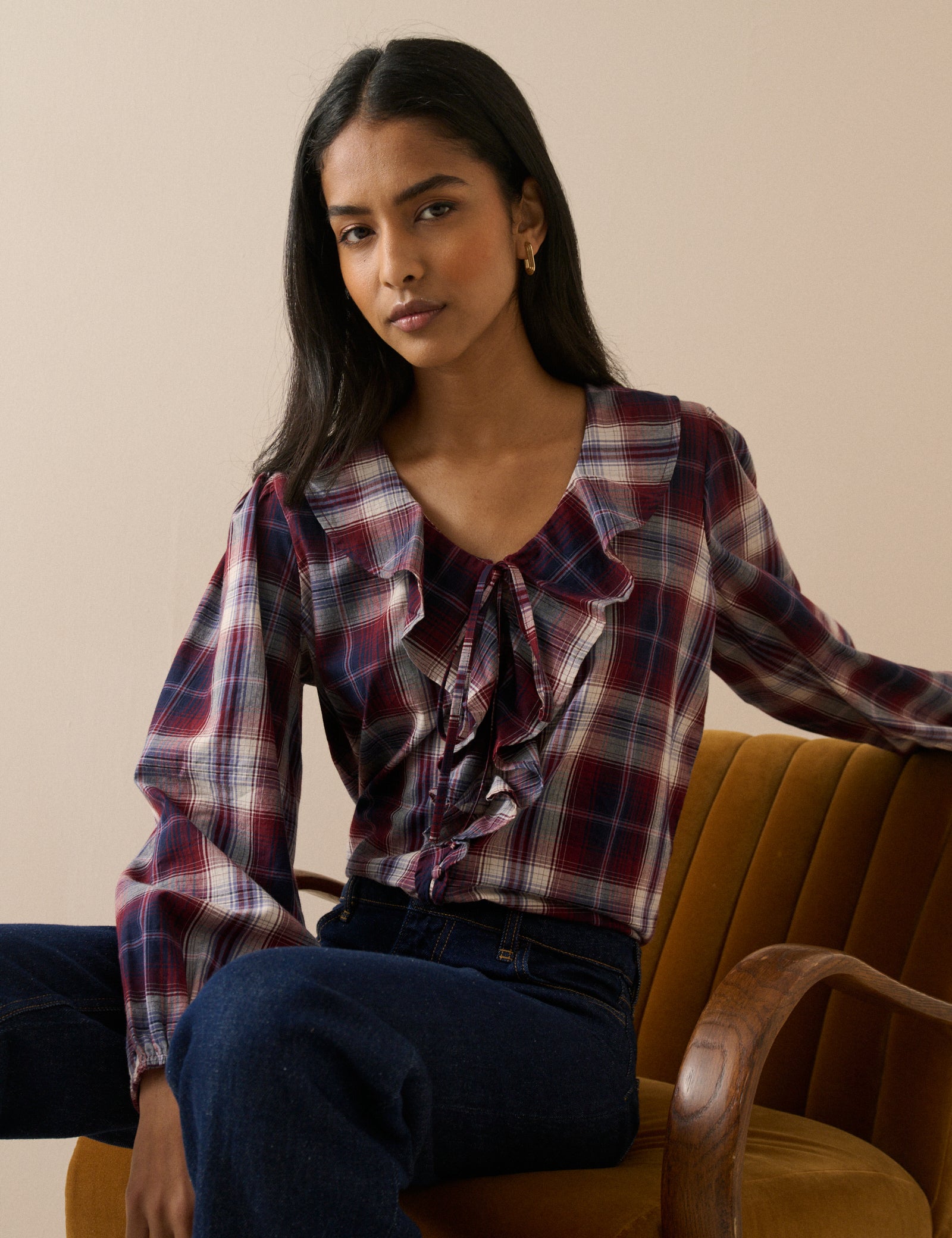 Red Check Ruffle Trim Top