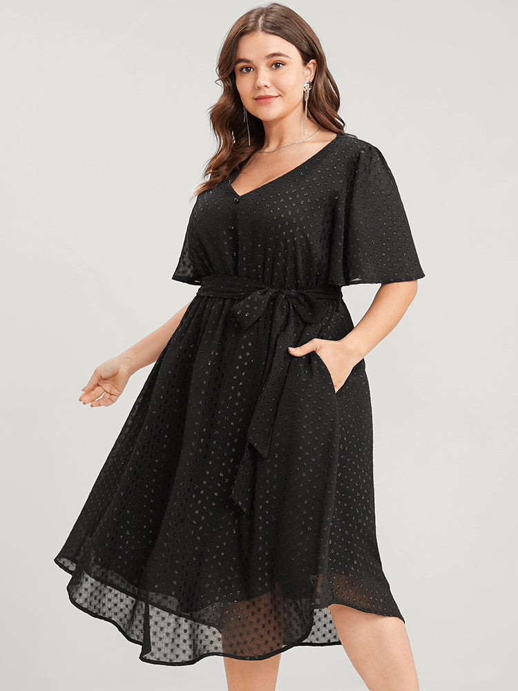 Glitter Polka Dot V Neck Pocket Belted Ruffles Hem Dress