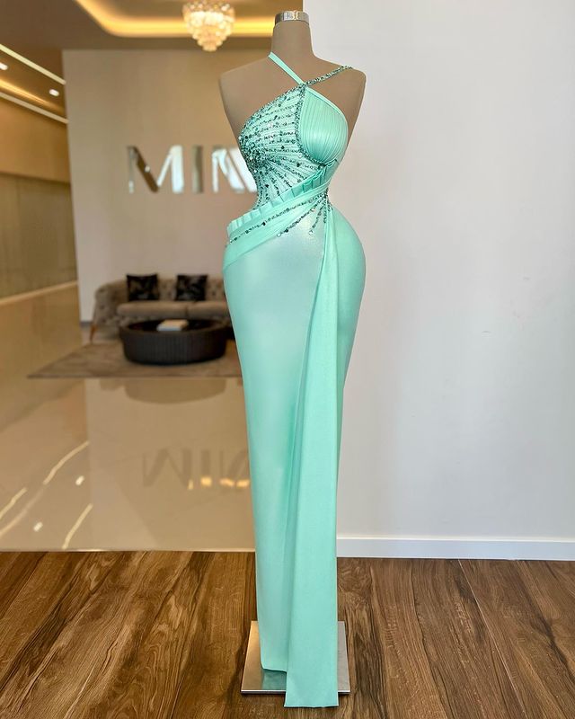 Noble Halter Light Blue Sleeveless Sequins Mermaid Evening Dress