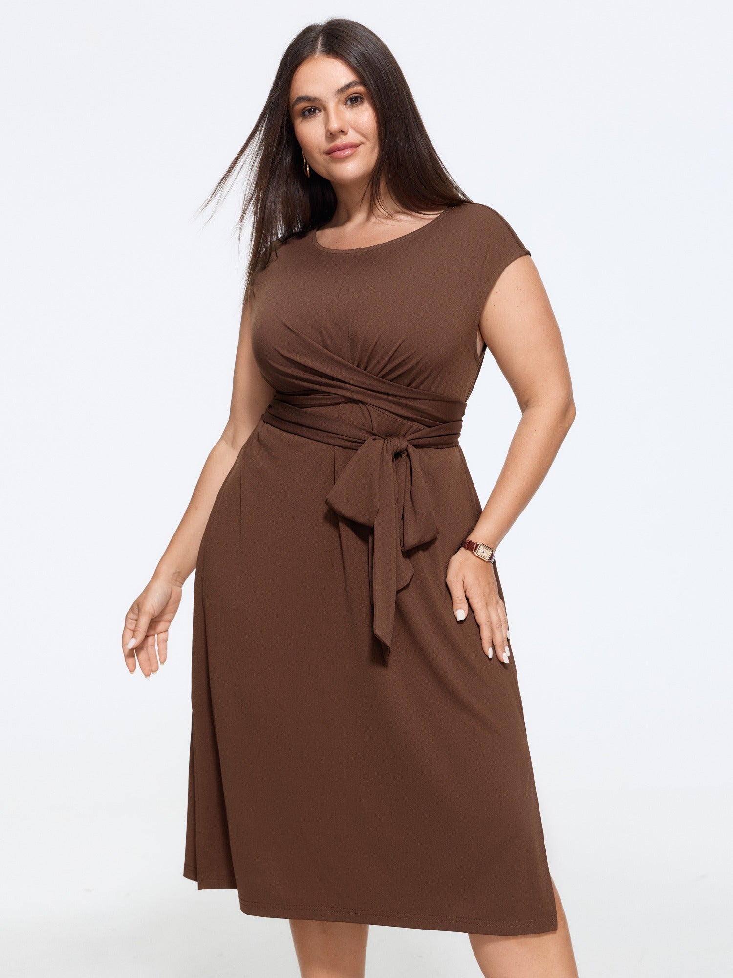 Stretchy Twist Front Wrap Tie Waist Midi Dress